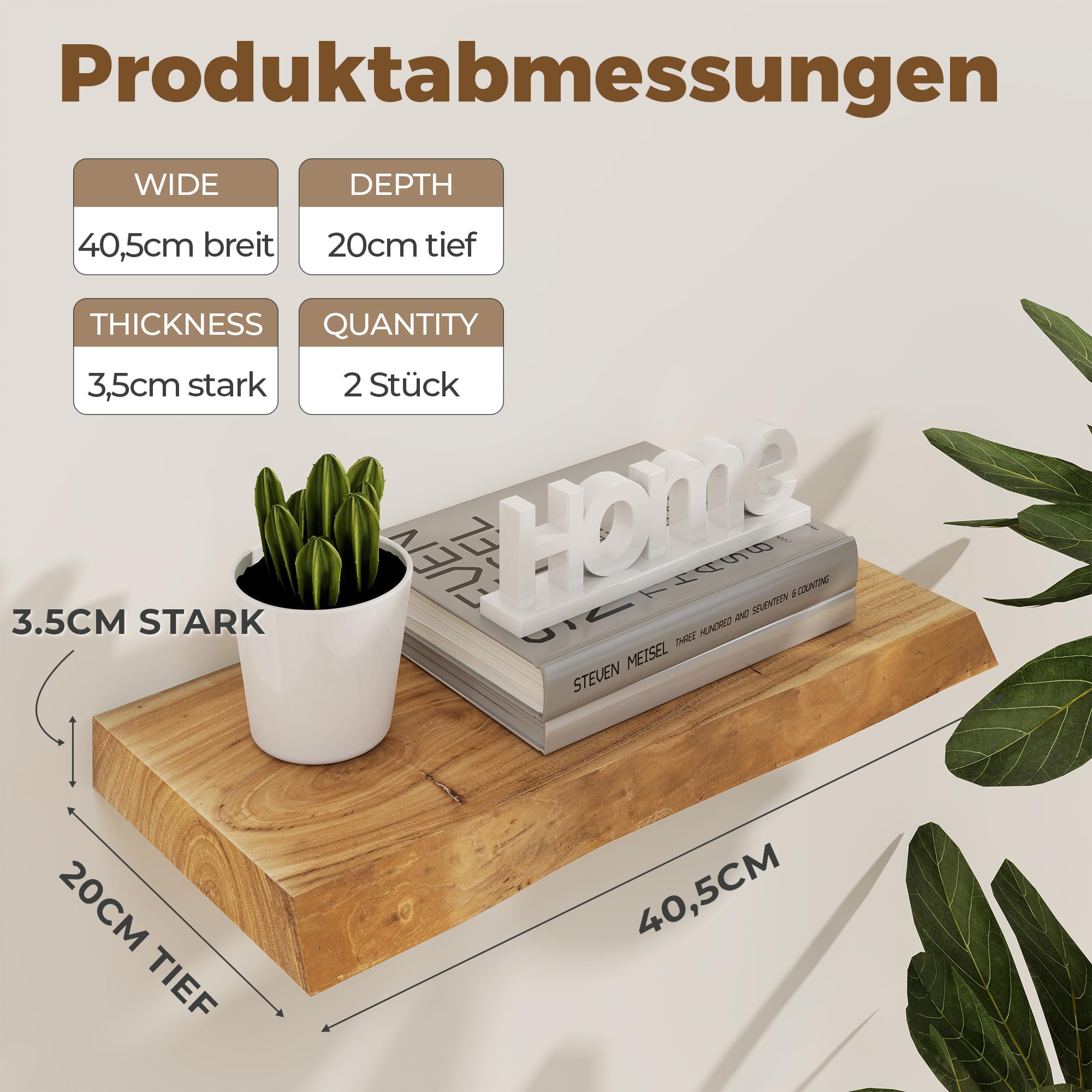 Axeman Schweberegal 2er Set mit Baumkante aus recyceltem Ulmenholz Massivholz – 40 x 20 x 3.5 cm Wandregal mit unsichtbarer Halterung für Wohnzimmer Küche Schlafzimmer Flur Büro in Natur