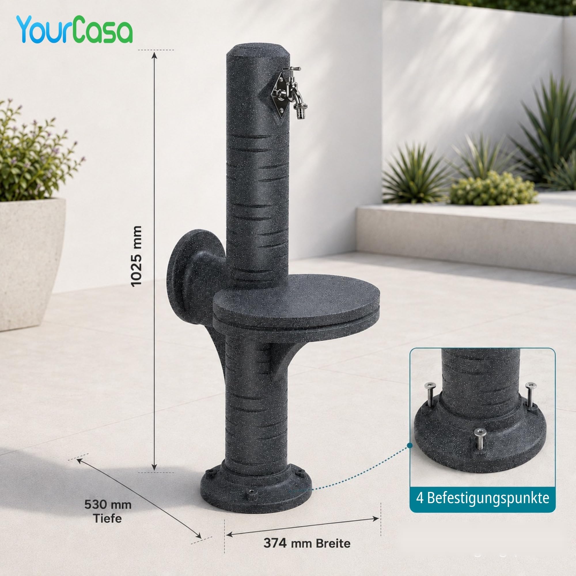 YourCasa AquaPost Wassersäule Garten mit Ablagestellfläche & Schlauchhalterung – Zapfsäule | Wasserzapfsäule | Zapfstelle Garten | 1/2" Wasserhahn Chrom | Made in Europe