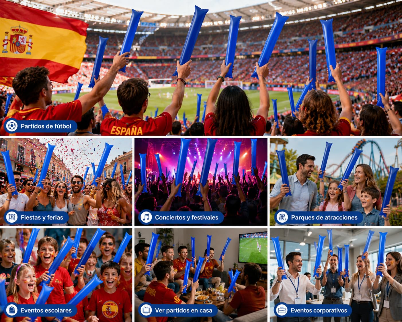 Pack 50 Unidades, Aplaudidor Hinchable Azul, Palos Animación Eventos, Plástico Resistente, Reutilizable, Válvula y Pajita Incluida, Ideal para Deportes, Conciertos y Fiestas, Tamaño 59x9CM
