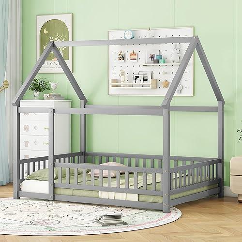 Miniatura 47 de Bellemave Cama Montessori de madera con valla y techo para niños, marco de cama individual para niños, niñas (individual, blanco)