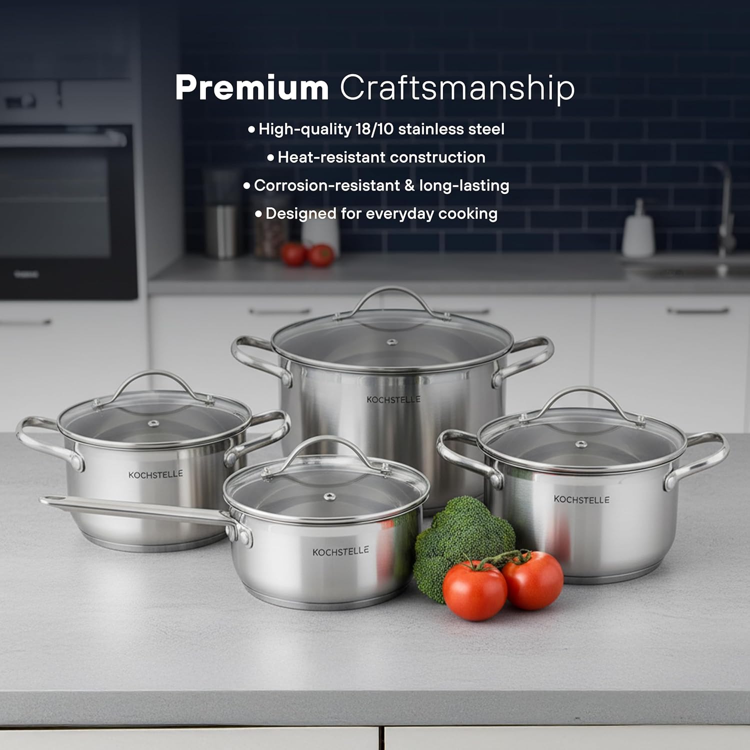 KOCHSTELLE 8-Piece Stainless Steel Pots and Pans Set 18/10 | Premium Kitchen Set | Compatible with Induction, Electric, Gas Cooktops | Dishwasher Safe | Durable Cookware Sets
