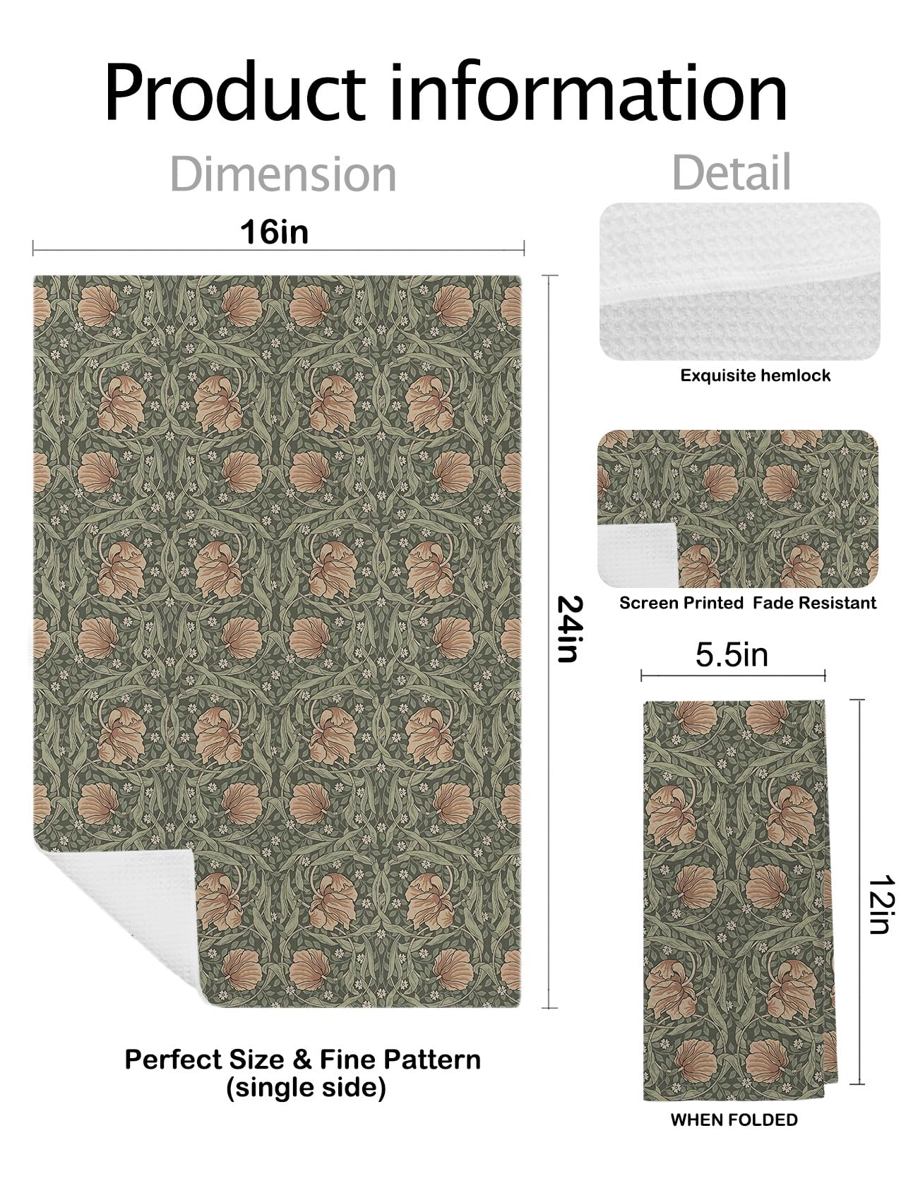 OSLYSOF Vintage Botanical Kitchen Towels, Green Floral Hand Towels For Bathroom, Dark Green Fern Leaf Flowers Decorative Dish Tea Towels, Botanical Dark Green Kitchen Bathroom Decor, 16x24 Inch