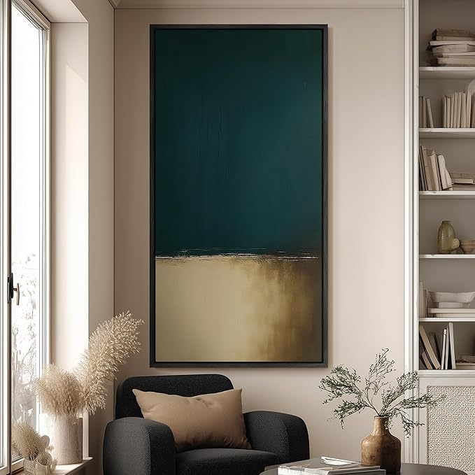 wall26 Extra Large Framed Wall Art Canvas Print - Teal and Gold Horizon Abstract Wall Decor - Contemporary Artwork for Living Room Bedroom Office - 60"x30"