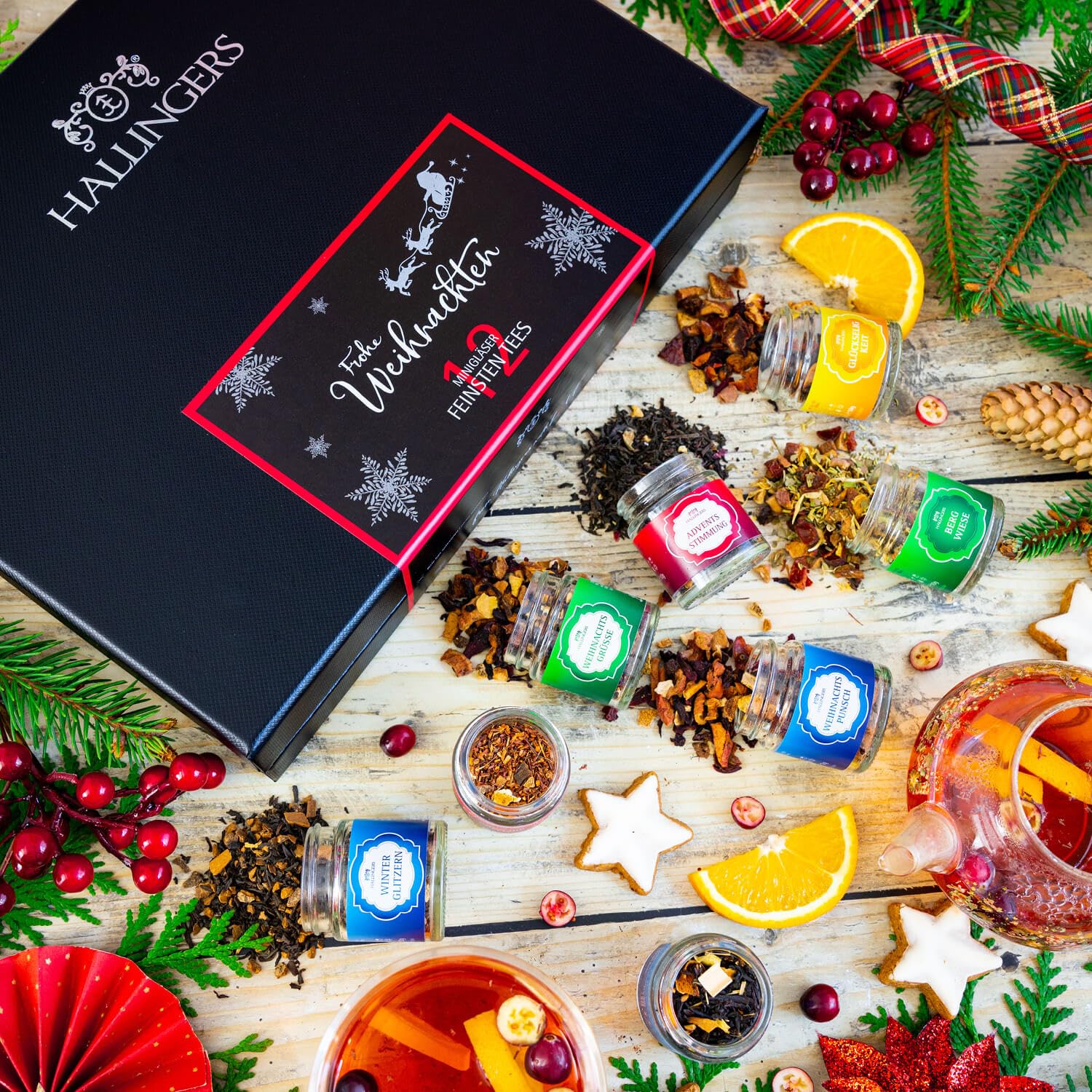 Hallingers Genuss Manufaktur Tee Weihnachts-Geschenk-Set - 12 Sorten premium loser Tee Probierset in edler Geschenkbox mit Rezept-Booklet "Frohe Weihnachten", Weihnachten für Frauen Männer