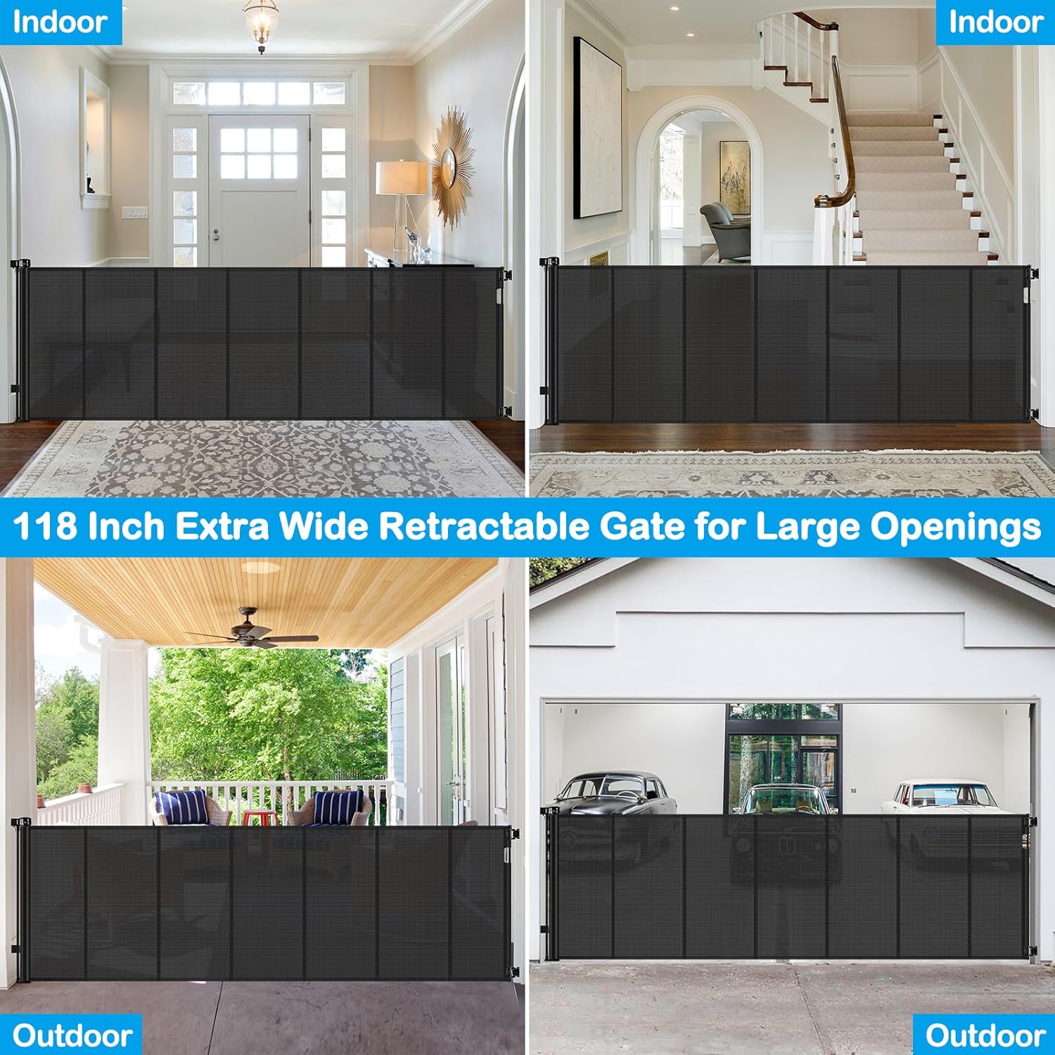 Reinforced 42" Tall X 120" Extra Wide Retractable Baby Gate Extra Long Baby Gates for Large Openings Prevent Kids and Pets from Jumping Over Retractable Pet Gate Reinforced Puppy Gates for Dogs, Black