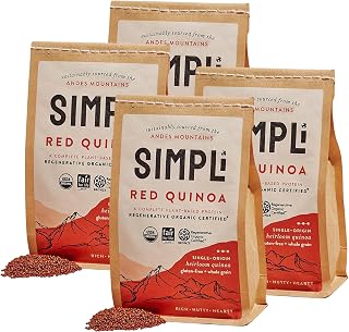 SIMPLi Regenerative Organic Certified Red Quinoa, Organic Quinoa Ancient Grain, Naturally Gluten-Free and High in Fiber, Complete Plant Protein with Rich Nutty Flavor, (4 Pack, 12 oz each)