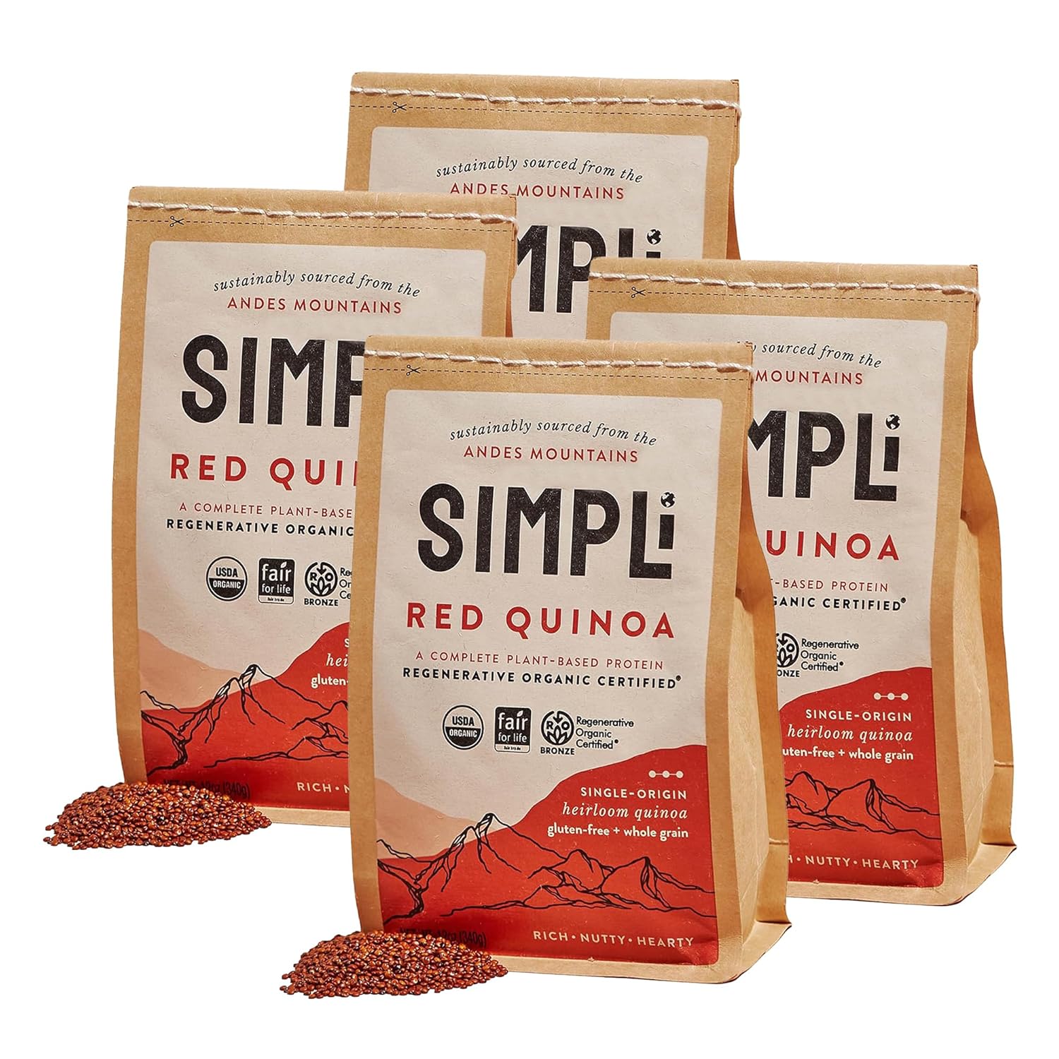 SIMPLi Regenerative Organic Certified Red Quinoa, Organic Quinoa Ancient Grain, Naturally Gluten-Free and High in Fiber, Complete Plant Protein with Rich Nutty Flavor, (4 Pack, 12 oz each)