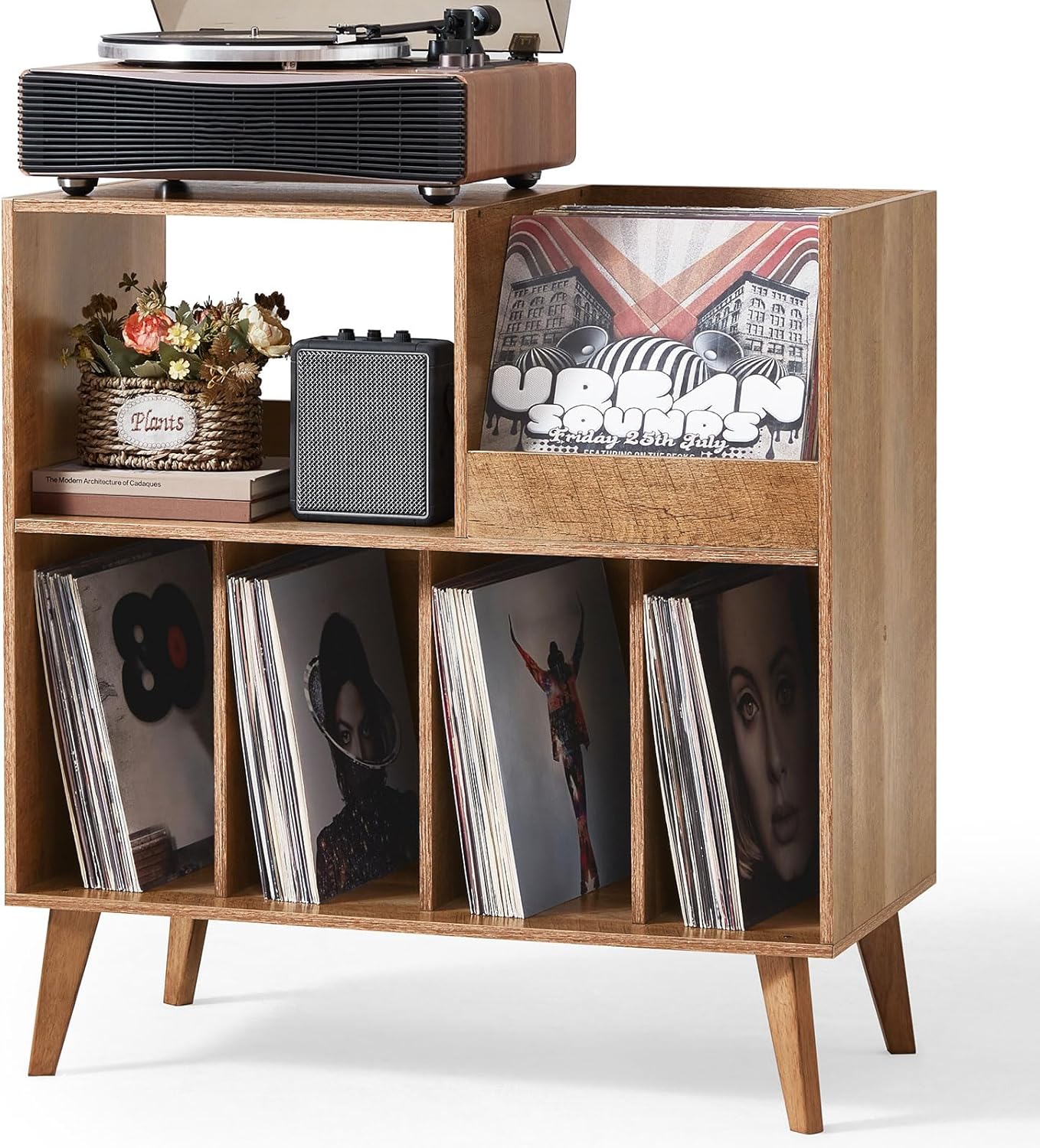 LELELINKY Large Record Player Stand, Turntable Stand with Storage, Vinyl Record Holder with Display Area, Record Player Table Holds Up to 300 Albums, Record Stand for Music Room Living Room-Oak