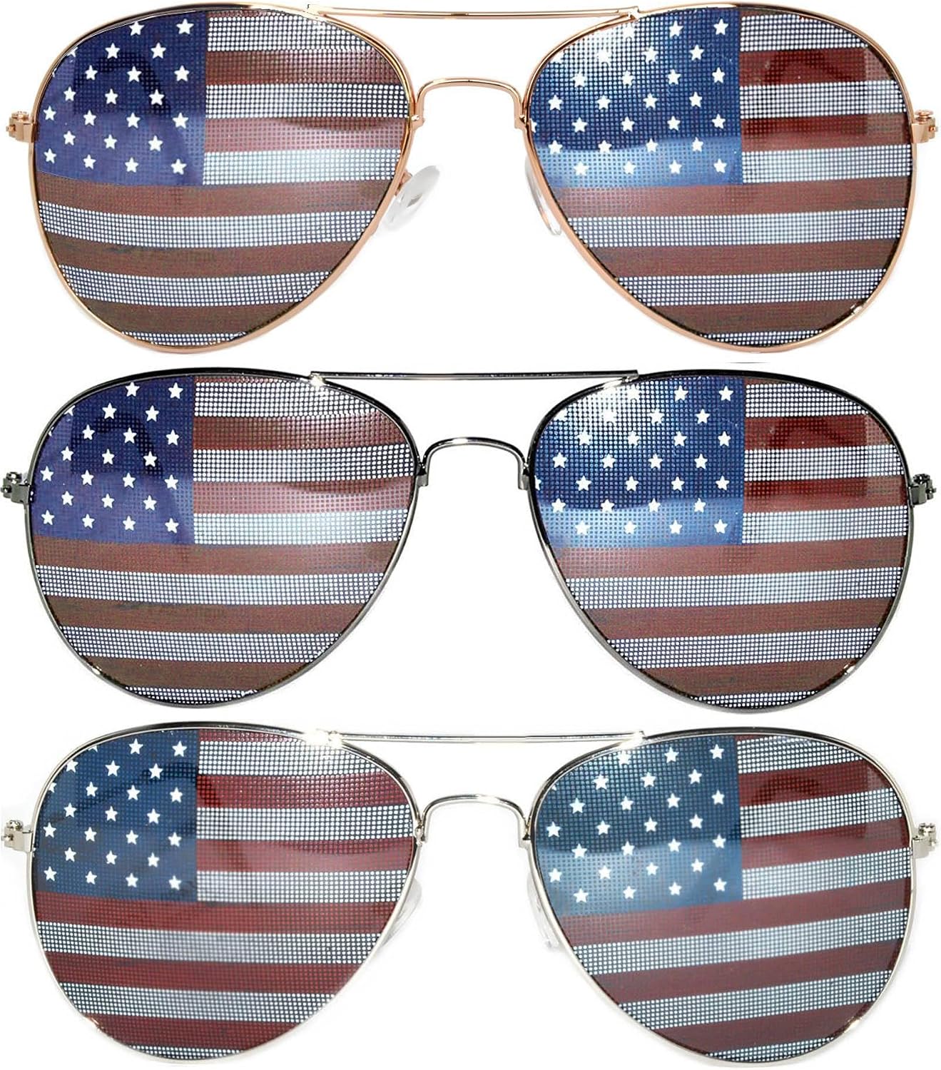 OWL Set of 3 Pack Aviator Style Sunglasses Colored Metal Frame Mirror Lens Smoke Lens