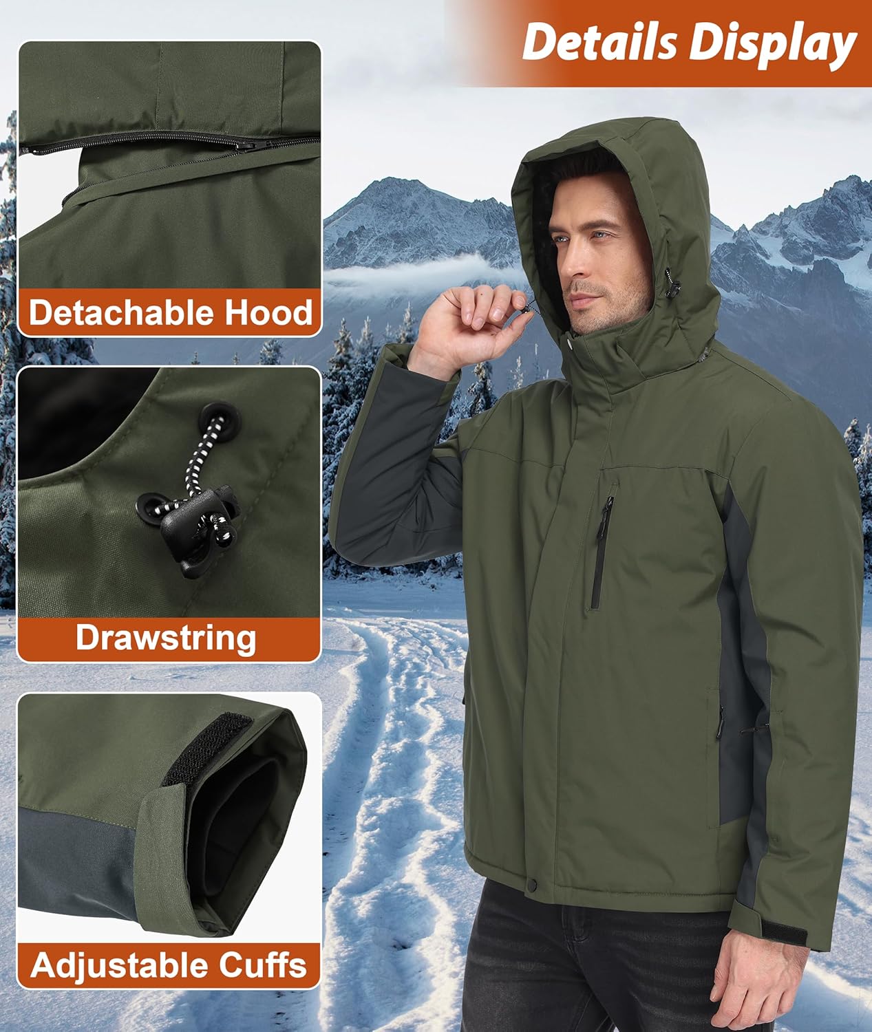 Mens Winter Snow Jacket Waterproof Ski Jackets Snowboard Rain Warm Coat Insulated Hood Fleece Lined - Image 5