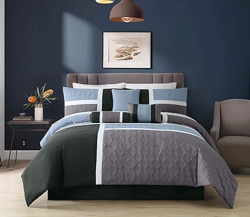 Vista 37 de Chezmoi Collection Upland - Juego de edredón acolchado de retales, 7 piezas, morado/negro/gris, tamaño matrimonial Púrpura/Negro/Gris