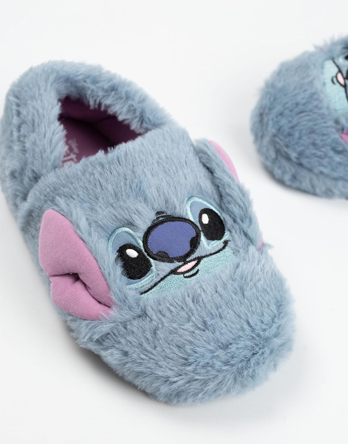 Disney Lilo & Stitch Girls Blue Slip On Loafer Slippers | Fluffy Character Face Indoor Lounging Footwear