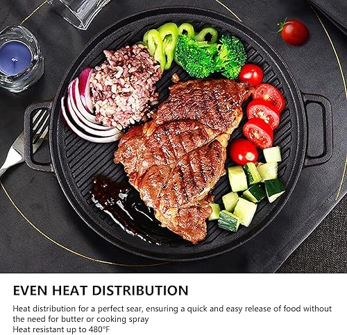 Miniatura 4 de Plancha de hierro fundido redonda de hierro fundido, sartén reversible de doble mango acanalado, utensilios de cocina al aire libre, parrilla de