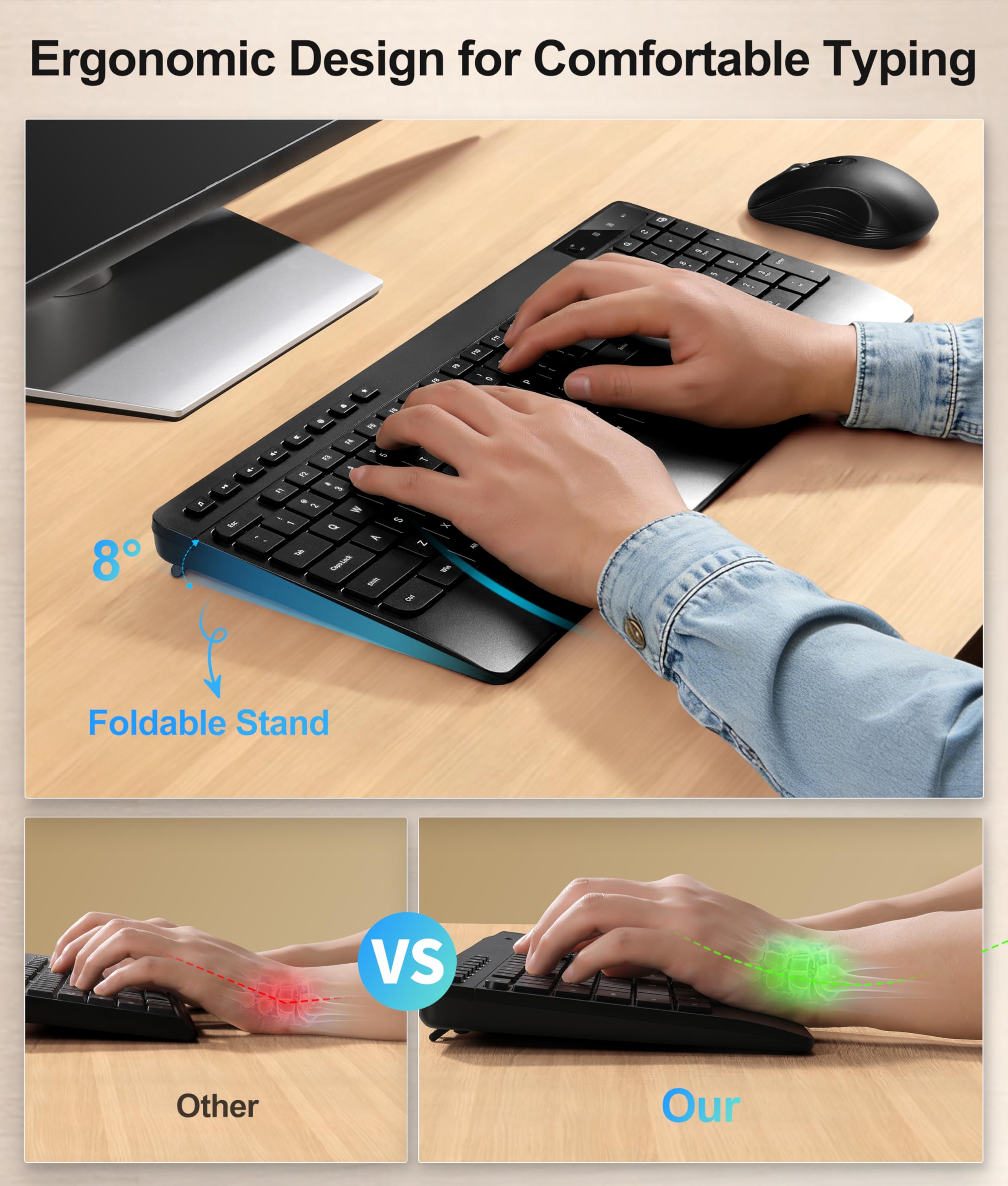 Combo de teclado y mouse inalámbricos, escritura silenciosa y clics silenciosos, reposamuñecas ergonómico de tamaño completo, Plug and Play de 2.4 GHz, teclas de acceso rápido multimedia, mouse DPI de