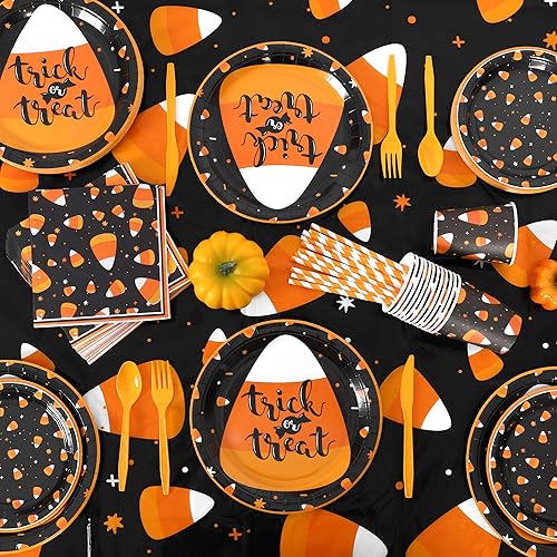 Miniatura 5 de durony Juego de vajilla de 193 piezas de suministros de fiesta de maíz de caramelo de Halloween, platos de truco o trato y mantel de maíz de