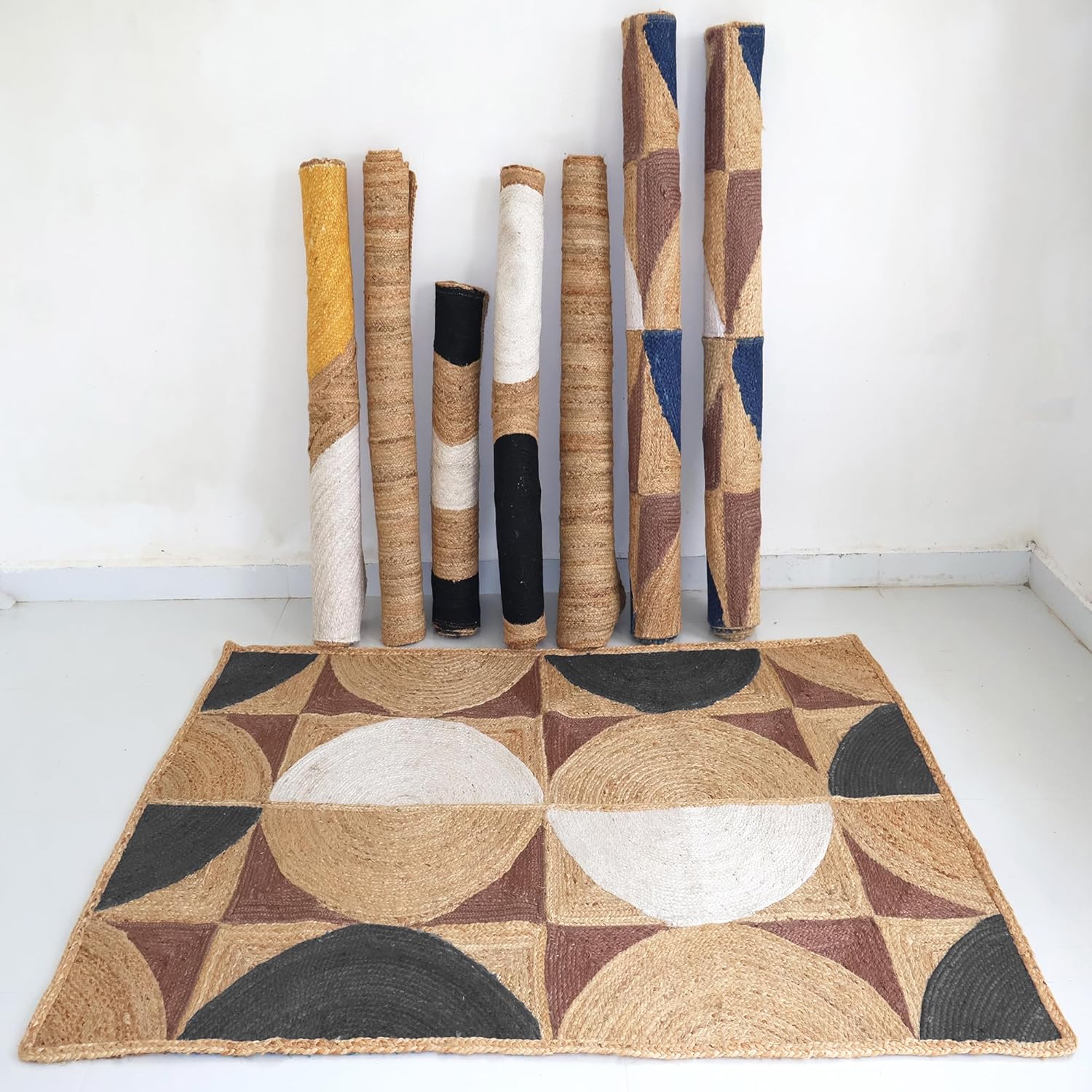 Premium Quality Jute Rug 10x18 Feet Area Rug Natural Fiber Jute Rugs Thick 0.27" Gray Half Moon Geometric Pattern Rugs for Bedroom Kids Room Decorative Floor Home Decor Carpet