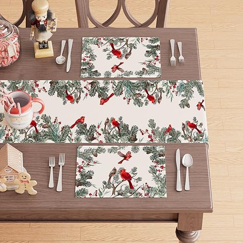 Miniatura 3 de XCHI Cardinal Birds Winter Pine Tree - Juego de 4 manteles individuales de Navidad para fiesta, hogar, cocina, comedor, decoración de mesa de 12 x