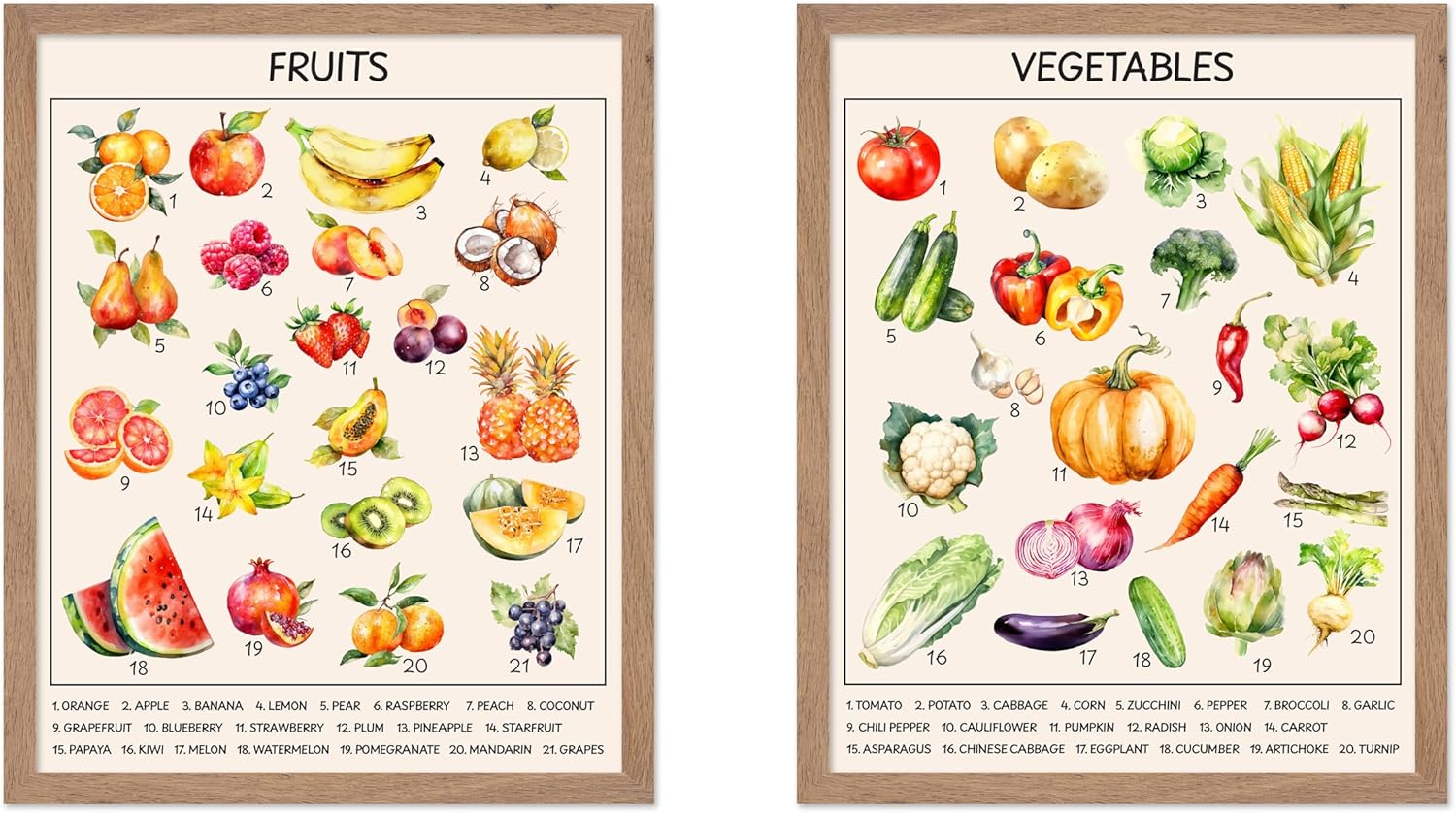 Monem Art 2-Piece Fruits and Vegetables Poster - Educational Print - Learning Materials Art - Kitchen Art - Gift for Students & Teachers - Decor for Classroom or Playroom, 11x14 Beige Framed