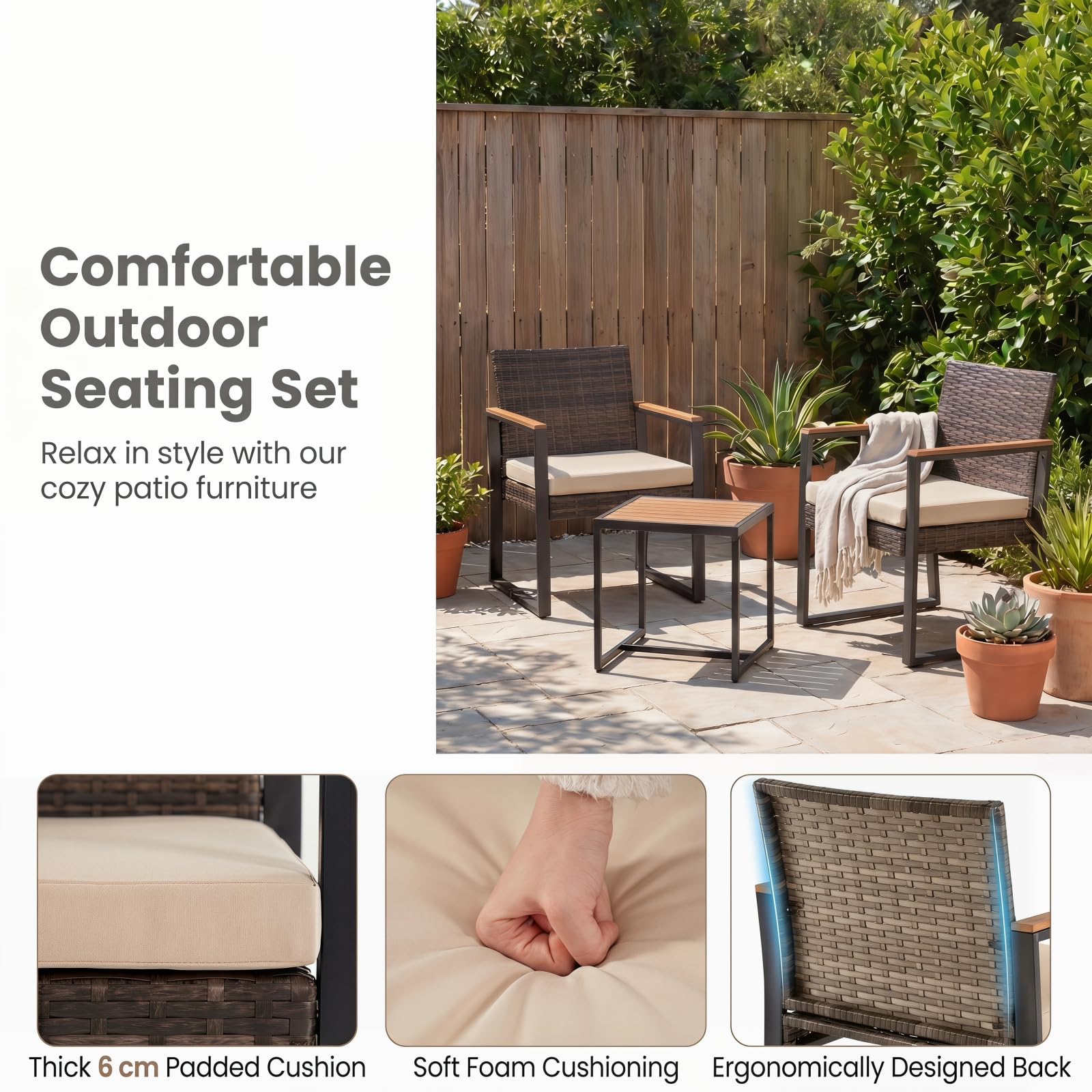 LIFEZEAL Set Tavolo e Sedie da Giardino 3 Pezzi, in Rattan PE e Metallo, Salotto da Giardino 2 Persone con 1 Tavolino da Caffè, 2 Divanetti e Cuscini, Set da Bistrò per Balcone, Terrazzo (Bianco)