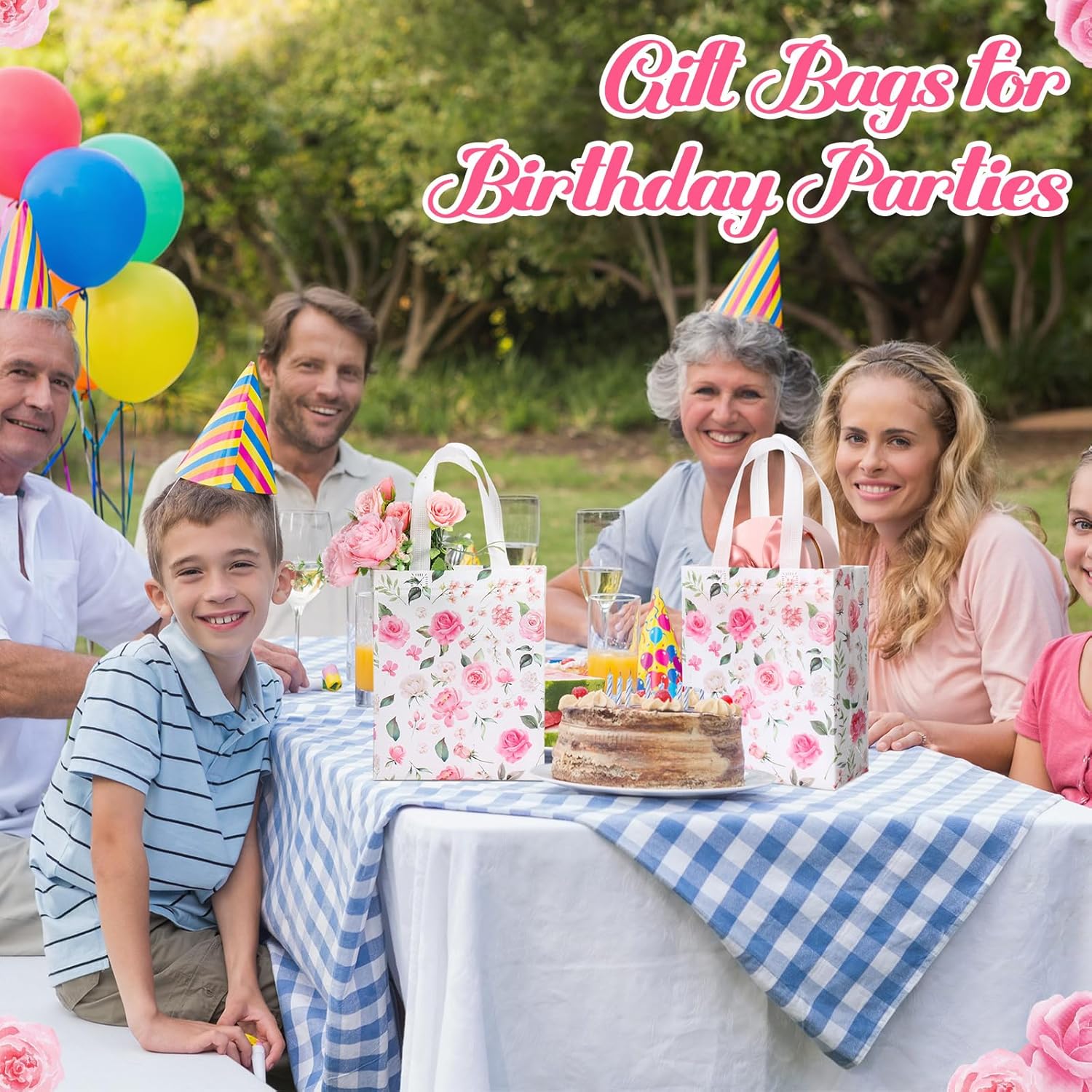 Supervitae 24 Pack Pink Floral Theme Gift Bags Medium Floral Party Favor Bags Flower Reusable Totes Non Woven Goodie Totes for Wedding Birthday Baby Shower Family Holiday Travel(9.8" x 7.9" x 3.9") - Image 5