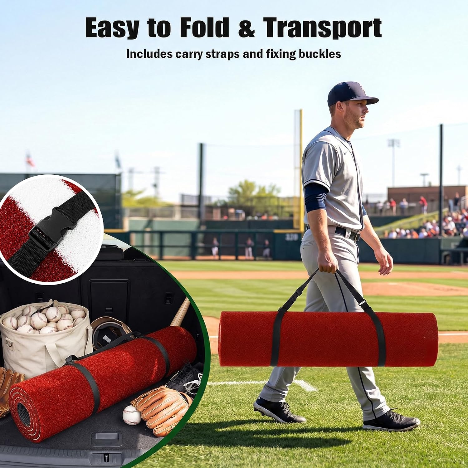 Goplus Baseball Batting Mat, 10x3.8 ft Softball Hitting Mat with 15 mm Turf, Home Plate & Batters Box Lines, Anti-Slip Portable Roll-Up Batting Cage Mat for Indoor Outdoor Training