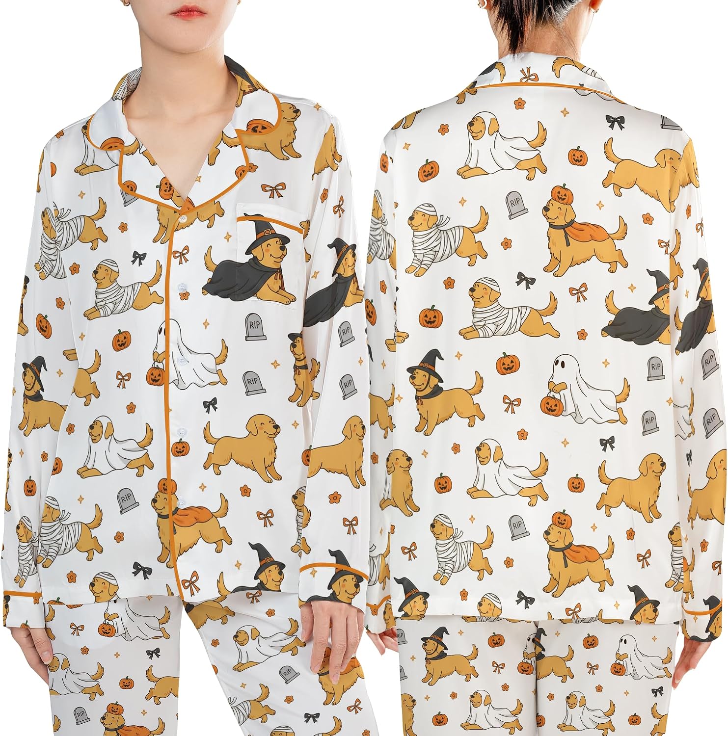 ThuhaTree Store Halloween Golden Retriever Dog Pajamas Set Short & Long, Halloween Theme Pajamas Set Design For Lovers