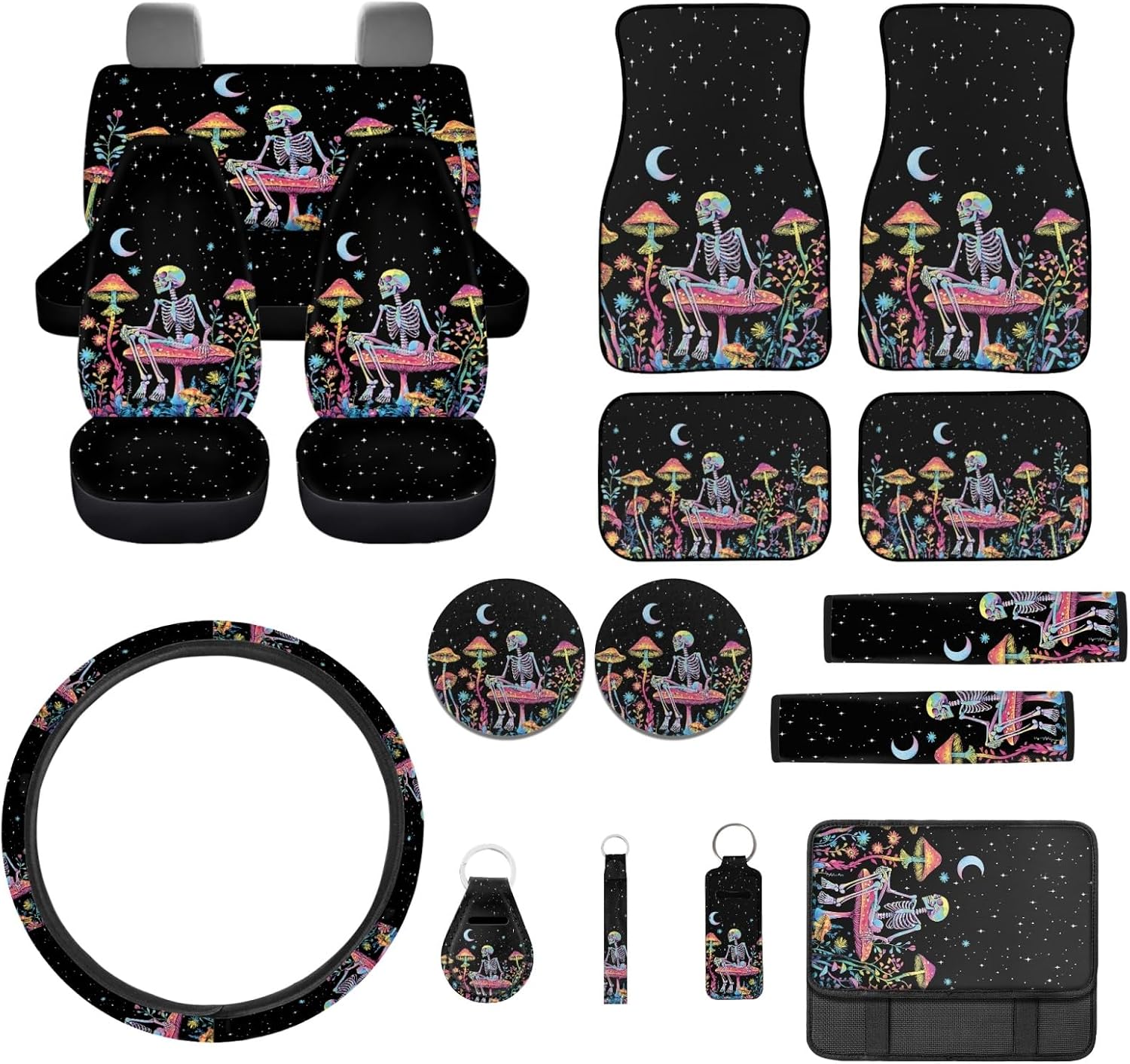 NDISTIN Skull Car Seat Cover Set Car Floor Mats Steering Wheel Cover Seatbelt Cover Keychains Armrest Cover Keychain Aesthetic Mushroom Lipstick Holder 17 Pieces Auto Interior Accessories
