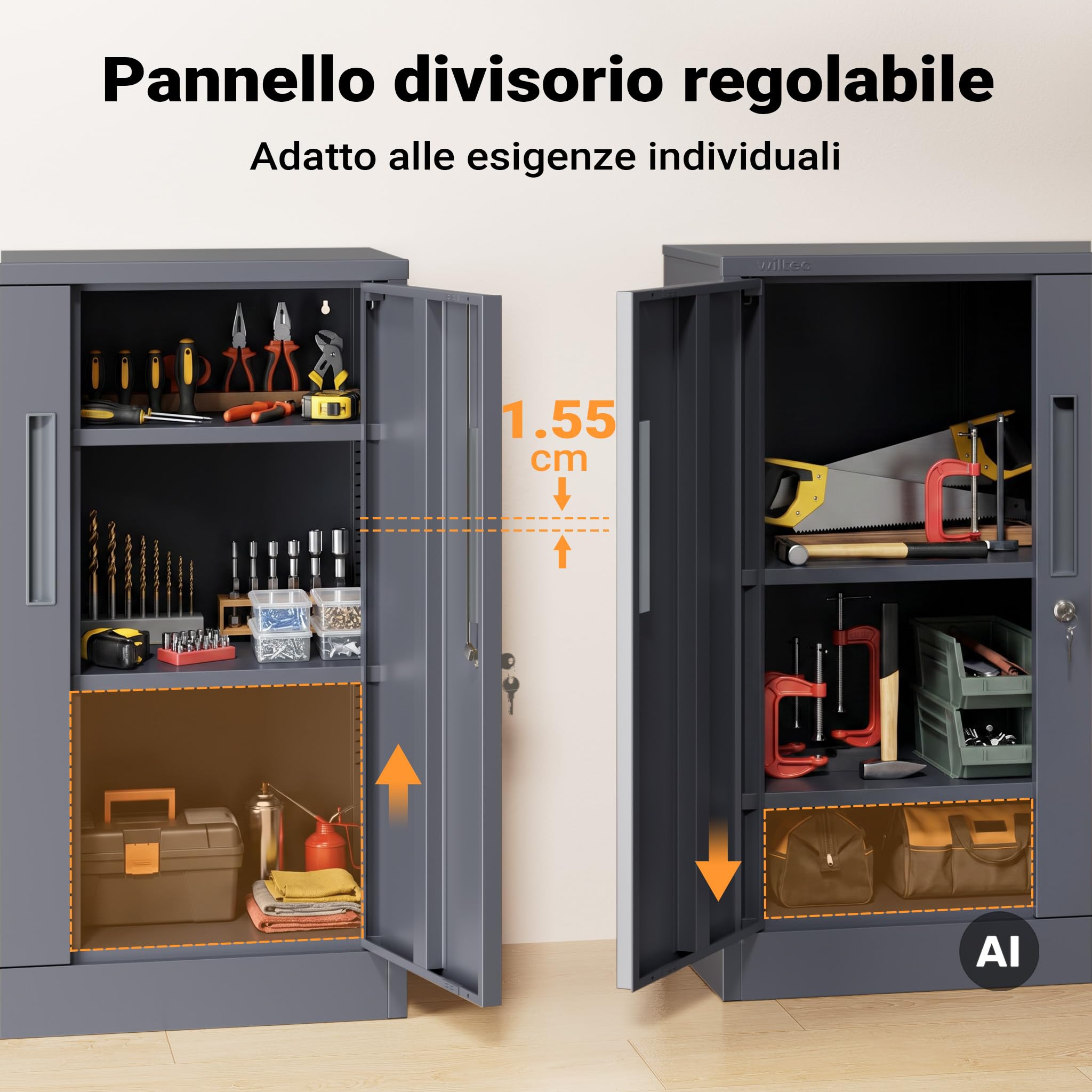 Wiltec Mobile per archivio in acciaio 80 x 40 x 92 cm antracite, armadio da ufficio in metallo con serratura e 2 ripiani, portadocumenti ufficio con portata di 50 kg per ripiano