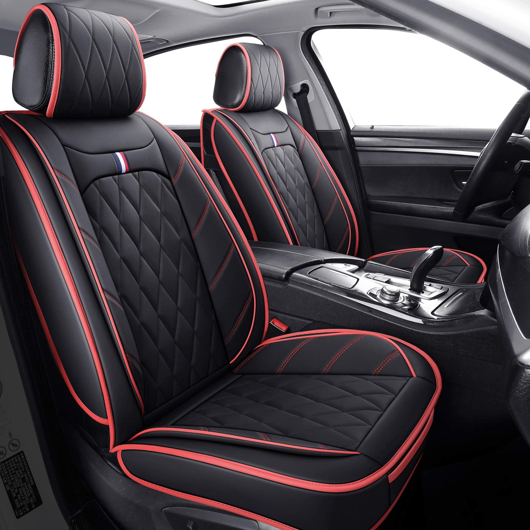 5 Car Seat Covers Full Set Waterproof Leather Universal Cushions Split Bench Compatible with Toyota Camry Kia Nissan Chevy Malibu CRV Focus Fusion Jeep Wrangler Cherokee (Full Set, Black-Red )