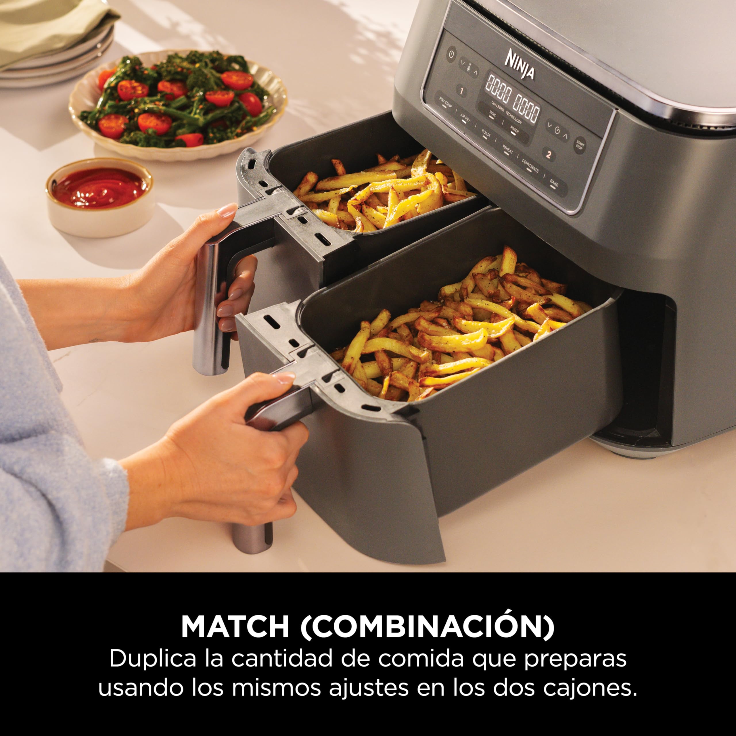 Ninja Freidora de aire con compartimento doble, 2 cajones, 7,6 l, 6 en 1, sin aceite, fríe con aire, gratina, asa, hornea, recalienta, deshidrata, cestas antiadherentes, gris metalizado DZ300EU