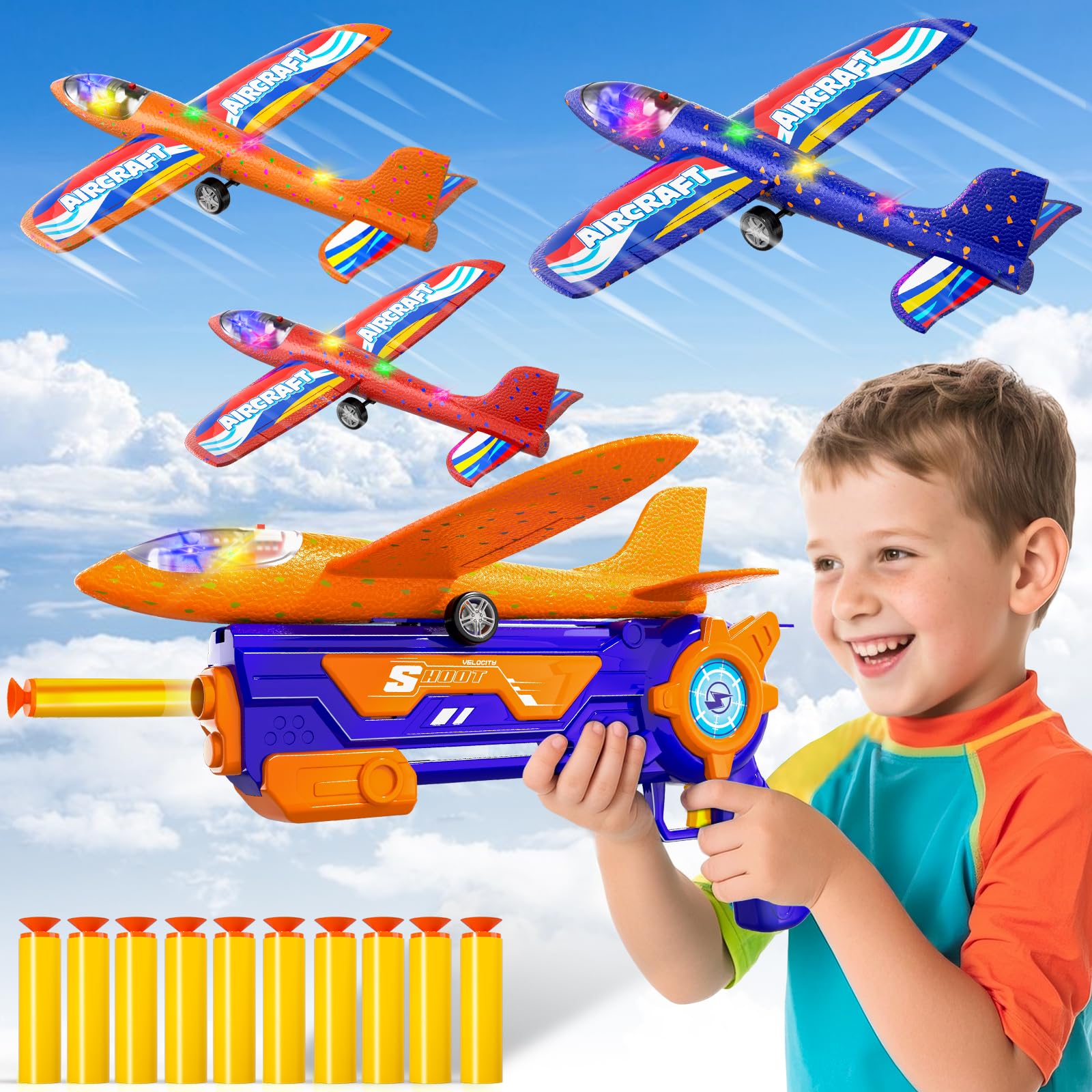 JUKUDAHU 3 Pack Airplane Launcher Toys for Kids 3-8, 2 Flight Modes Foam Plane Glider Catapult Includes 10 Soft Darts