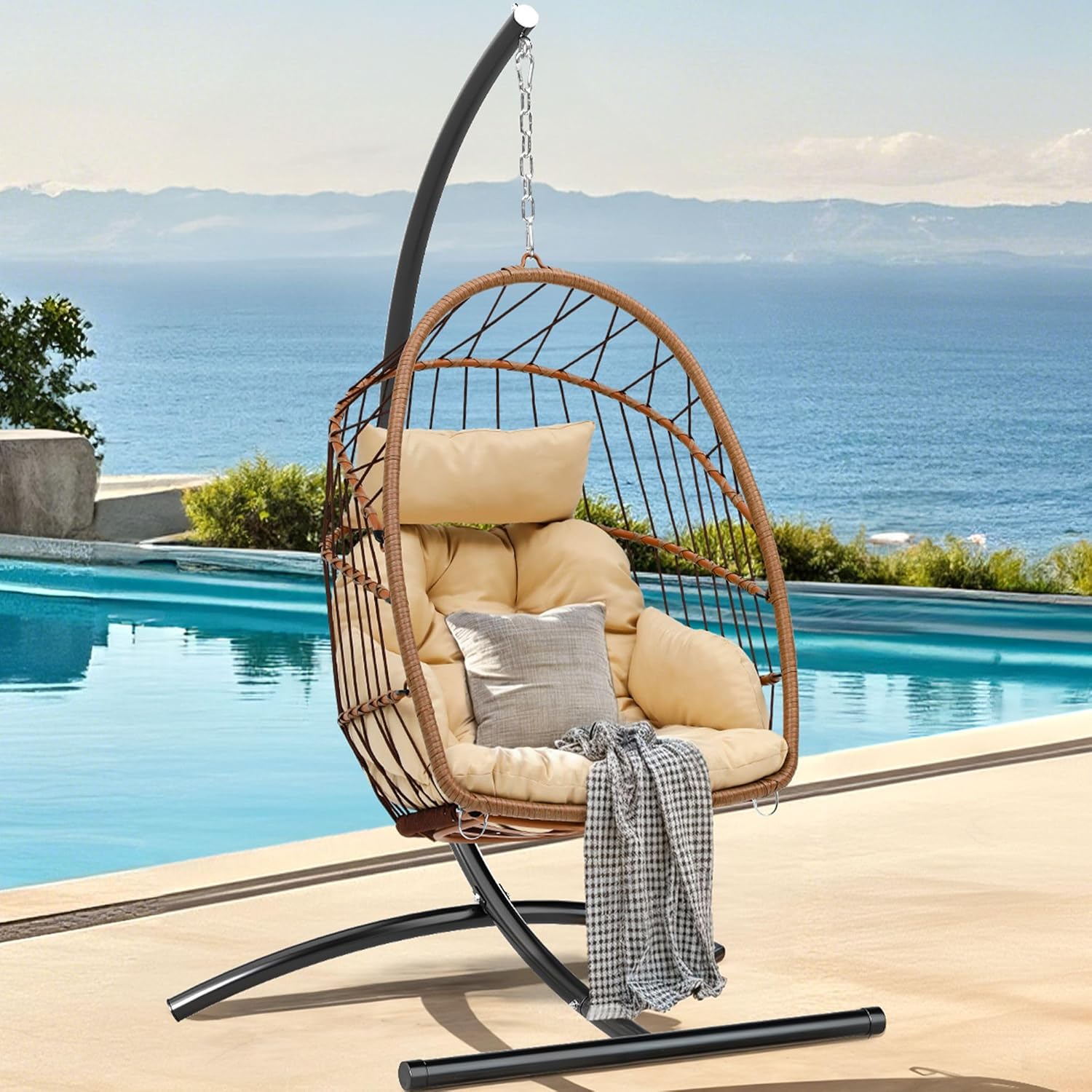 DWVO Egg Chair with Stand, Hanging Outdoor Rattan Wicker Patio Hammock Indoor Egg Chair with Cushion, Hanging Swing Chair 300lbs for Porch, Garden, Bedroom, Balcony, Beige