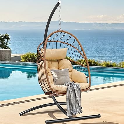 DWVO Egg Chair with Stand, Hanging Outdoor Rattan Wicker Patio Hammock Indoor Egg Chair with Cushion, Hanging Swing Chair 300lbs for Porch, Garden, Bedroom, Balcony, Beige