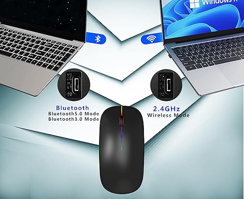 Miniatura 5 de WREANU Ratón inalámbrico Bluetooth recargable, silencioso y delgado para laptop, portátil (BT5.2+USB 2.4G), mouse de computadora de modo dual para