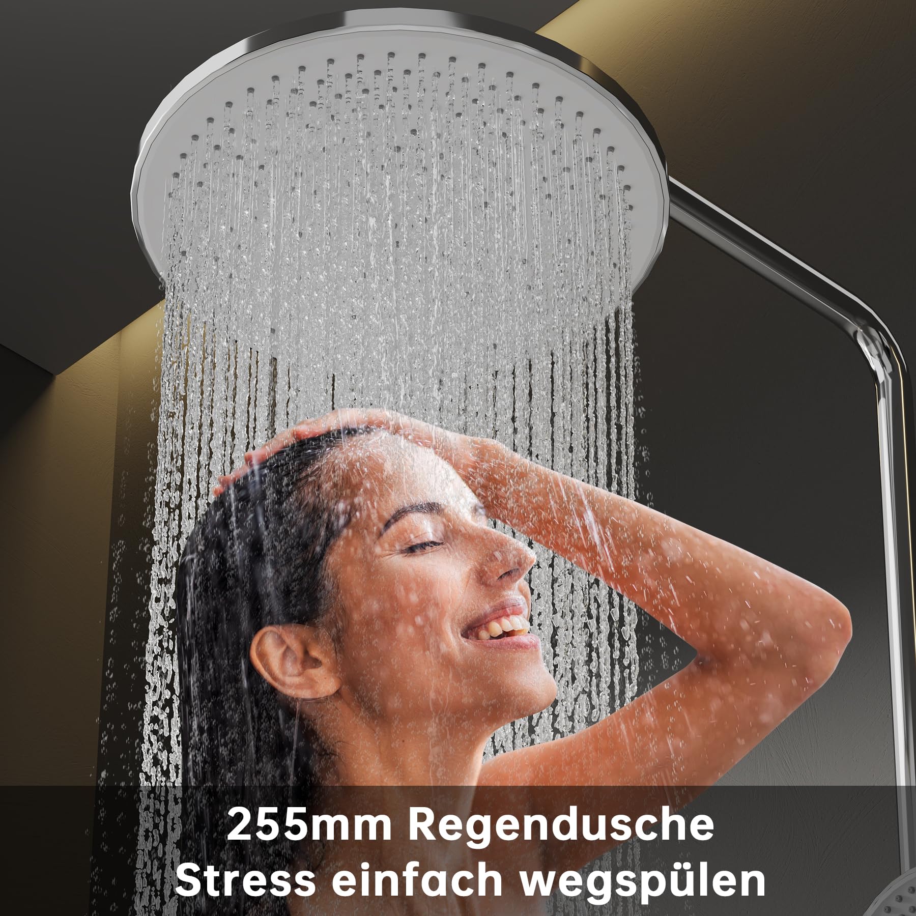 Duschsystem mit Thermostat, Chrom Duscharmatur Komplettset mit 255MM Regendusche, Rund Regendusche mit Armatur, Handbrause 3 Strahlarten, Duschset mit 110-125 cm Höhenverstellbar