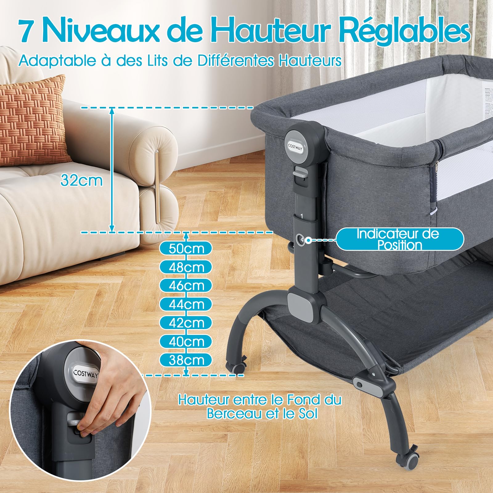 COSTWAY Lit Cododo Bébé avec Matelas & Panier & Moustiquaire, Lit Bébé Evolutif avec 7 Hauteur Réglable, Roues Universelles avec Frein, Charge 9kg pour 0-6 Mois (Gris)