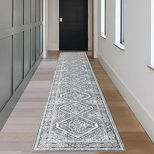 KUTA Oriental Washable Runner Rug, 2x12 Grey Runners for Hallways Non-Slip Kitchen Rugs Ultra Soft Printed Distressed Floor Carpet for Bedroom Living Room Nursery Playroom