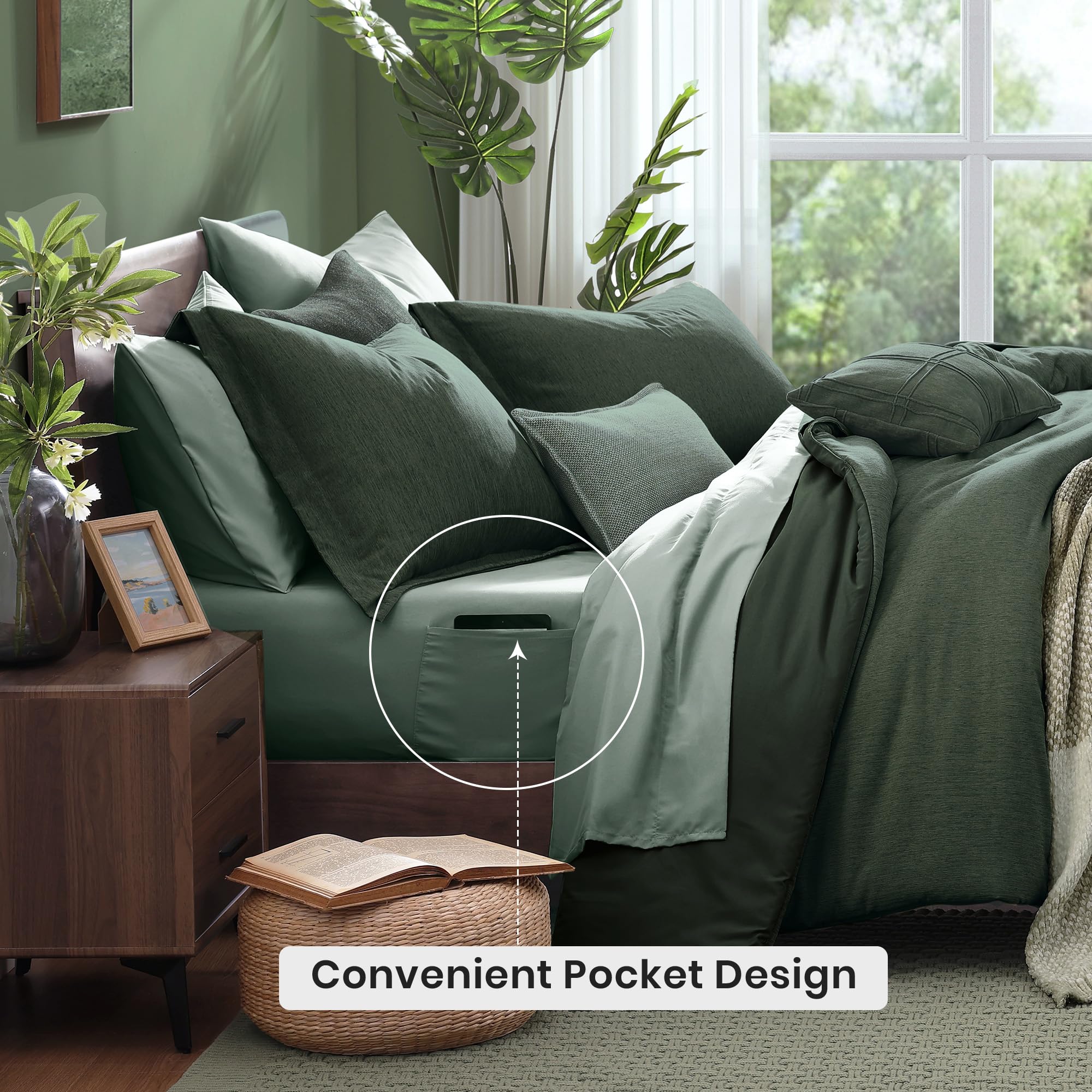Monbix Queen Comforter Set - 7 Pieces Cationic Dyeing Olive Green Bed in a Bag Queen Bedding Sets with Comforter, Sheets, Pillowcases & Shams, Reversible Bedding Comforters Sets: Deep Forest 7Piece-Full(80”X90'')