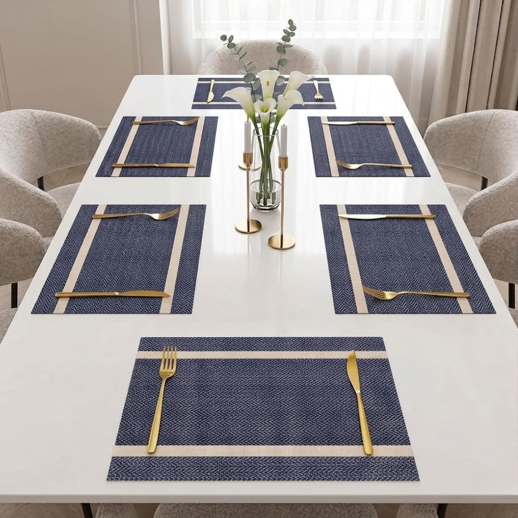 daiDokoro Rectangular Crossweave Woven PVC Vinyl Non-Slip Insulation Heat-Resistant & Waterproof Stain Resistant Washable Placemat for Dining & Kitchen Table-(Dark Blue & Gold,Set of 6)