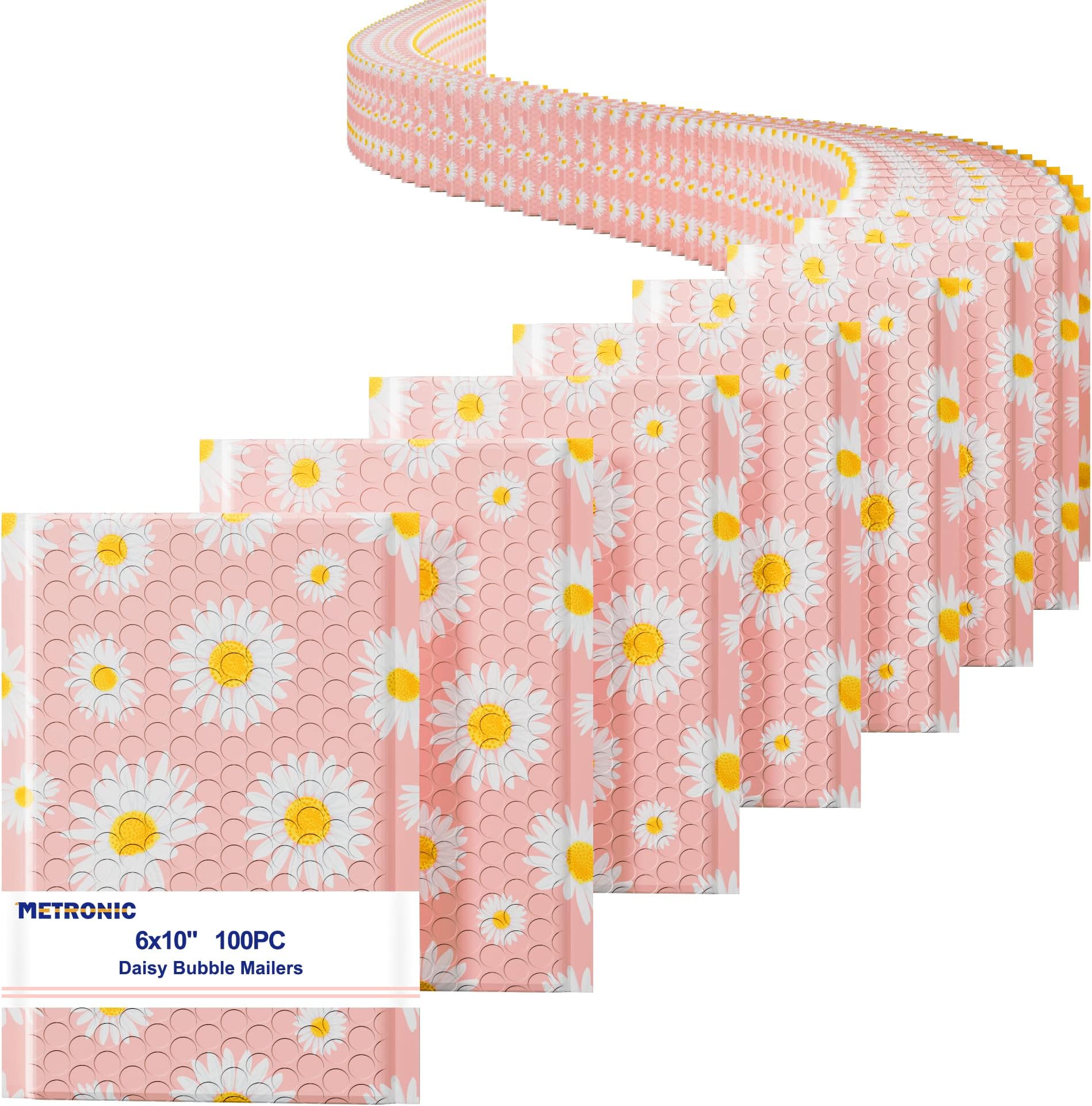 Metronic Bubble Mailers 6x10 Inch 100 Pack Pink Bubble Mailer Usable Size 6x9 Self-Seal Adhesion Padded Envelopes Pretty Padded Mailers for Jewelry, Makeup, Cards, Fancy Daisies