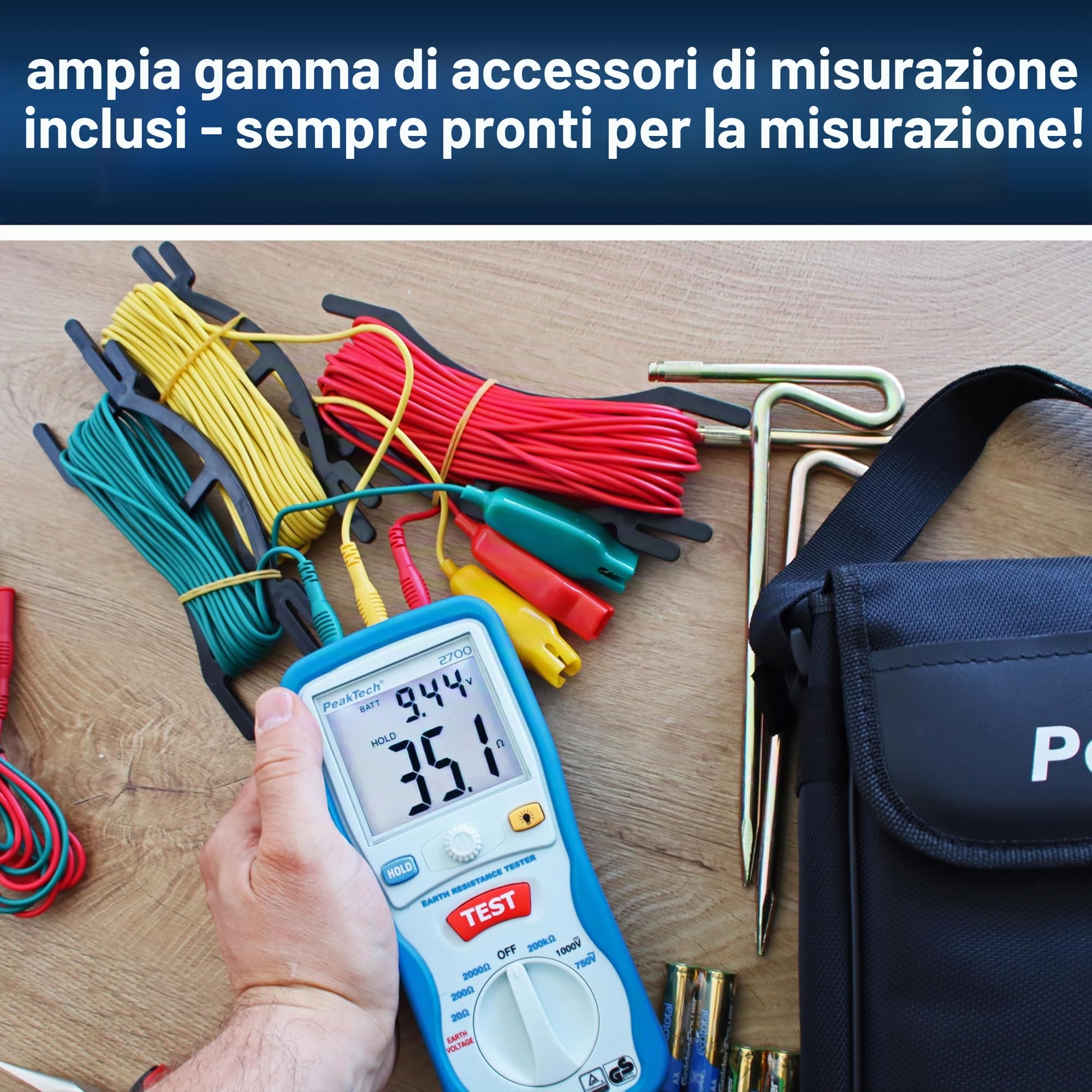Peaktech P 2700 – Misuratore di Resistenza di Terra Digitale, Display LCD a Doppia Illuminazione e 2 Aste di Terra, Resistenza di Terra, Ac/Dc, Tüv/Gs, Blocco Dati, Arresto Automatico - Cat Iii 1000 V
