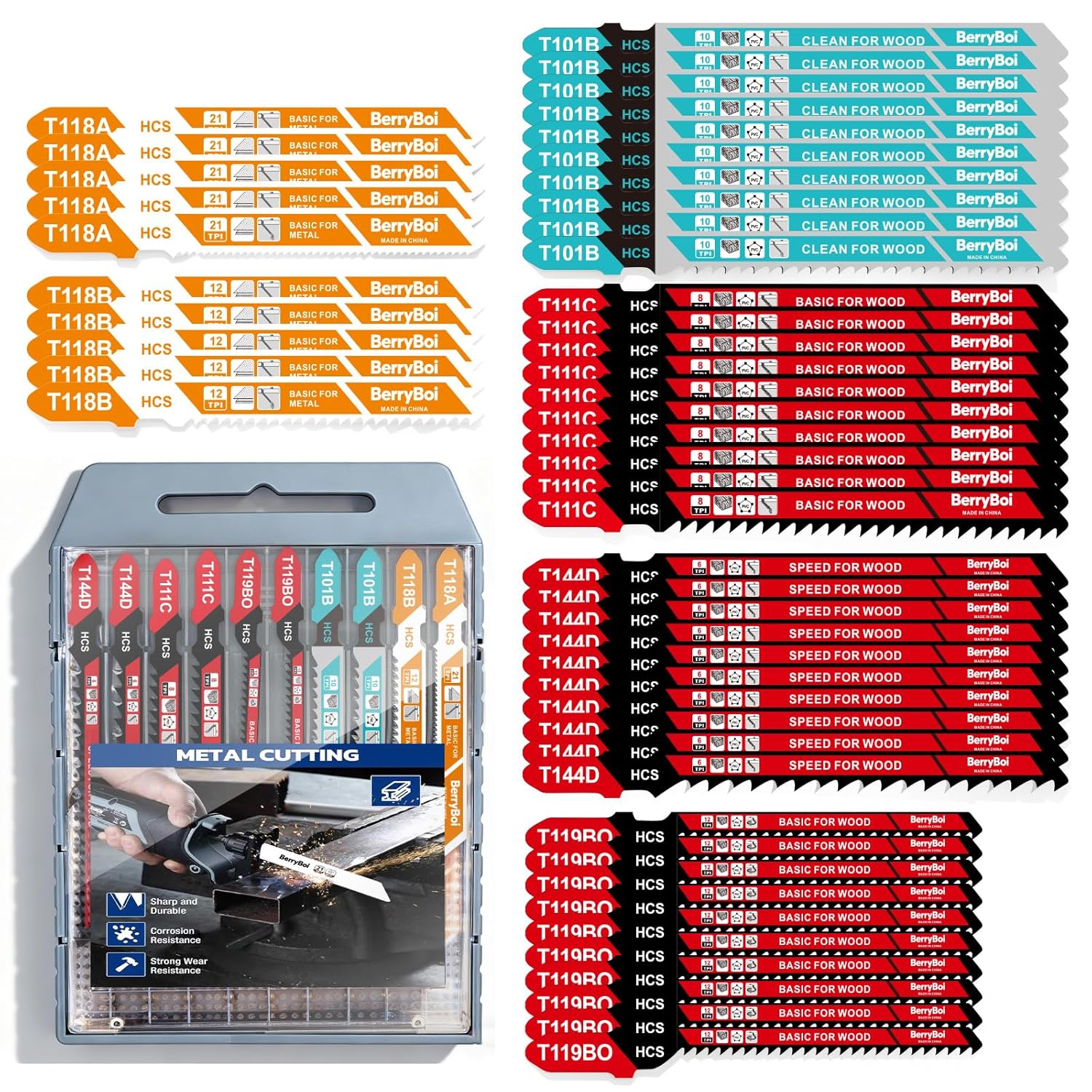 50-PCS T-Shank Jigsaw Blades Set for Wood & Metal,Assorted Jigsaw Blades with Plastic Case,Compatible with Bosch, DEWALT,Makita Saws(T118A/T118B/T101B/T119BO/T111C/T144D)