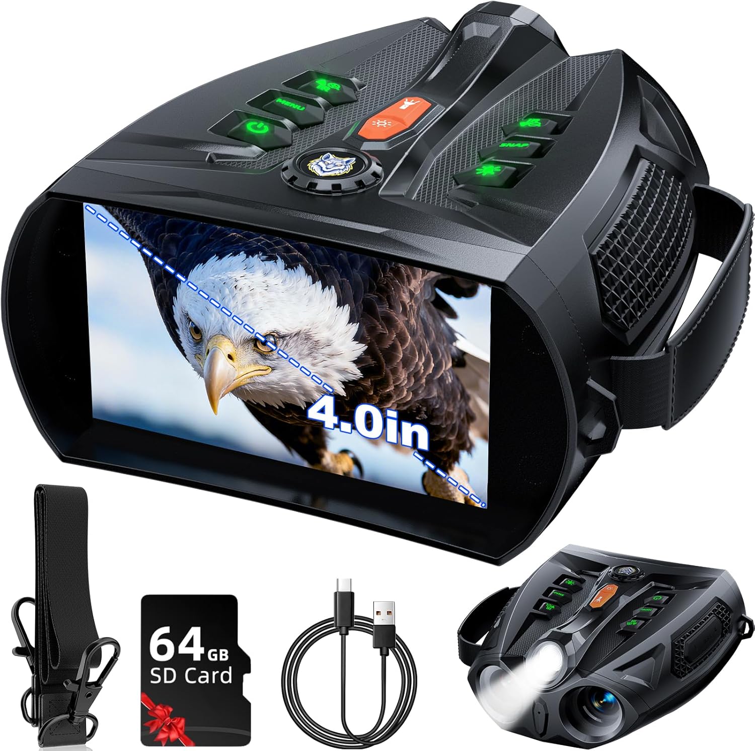 4K Night Vision Goggles, 4.0" HD Screen Night Vision Binoculars with 5000mAh Rechargeable Battery, 64GB TF Card for Photo & Video, Infrared Binocular for Adults, Camping, Wildlife Observation