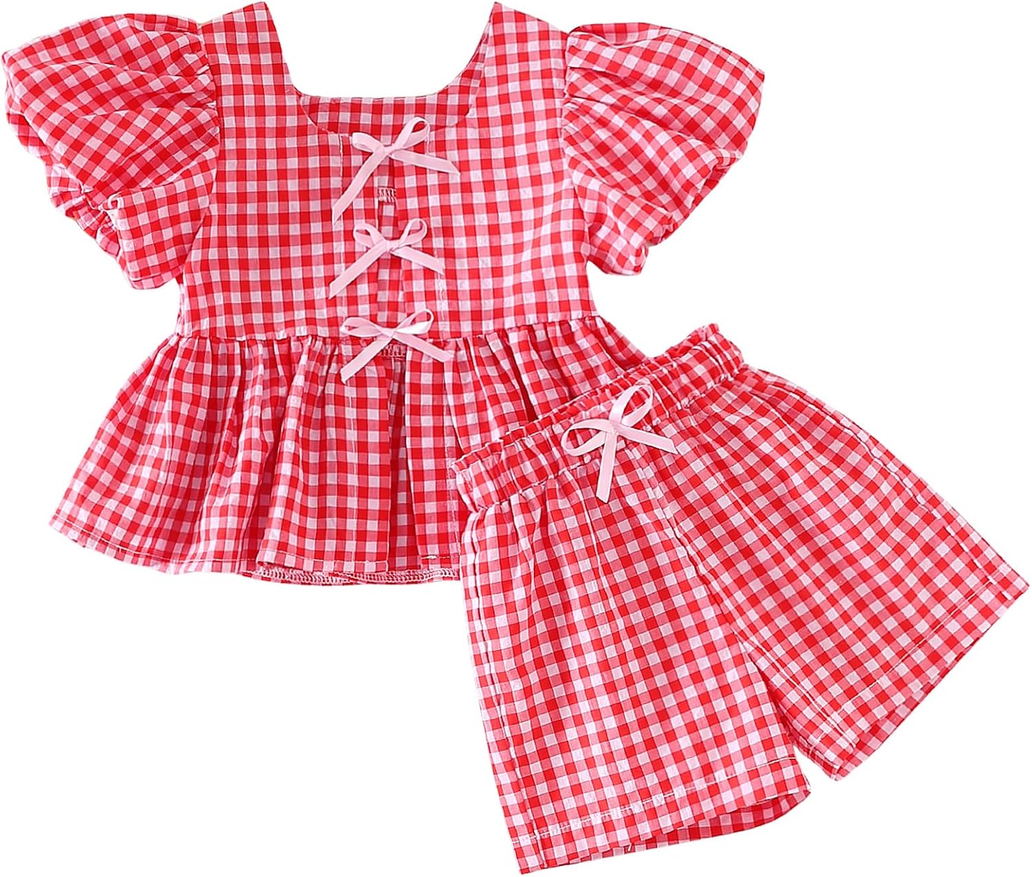Thorn Tree Toddler Girl Clothes Set Ruffle Sleeve Hem Top Cardigan Elastic Waist Shorts Plaid Printed Summer 2Pcs Outfits
