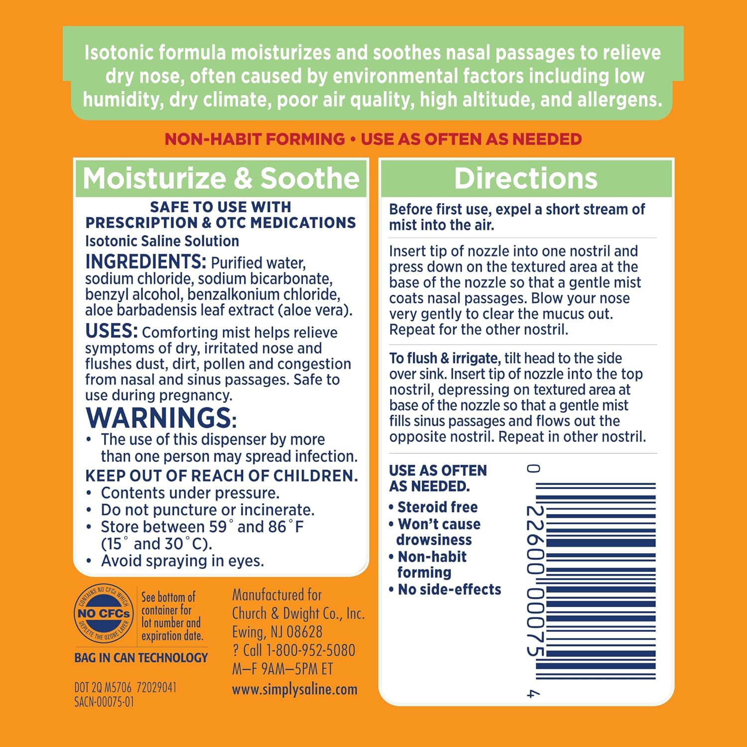 ARM & Hammer Simply Saline Moisturize & Soothe Nasal Mist, Drug-Free Moisturizing Saline Nasal Spray for Instant Relief for Dry Nose, 4.6 Oz (130 g), 3 Pack - Image 10