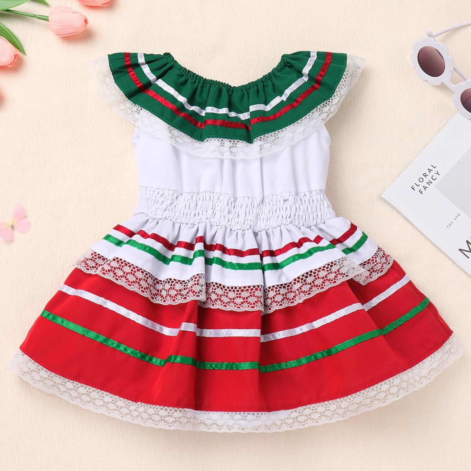 ODASDO Mexican Dress for Baby Girls Toddler Kids Cinco De Mayo Outfit Ruffle Lace Off Shoulder Romper with Flower Headband