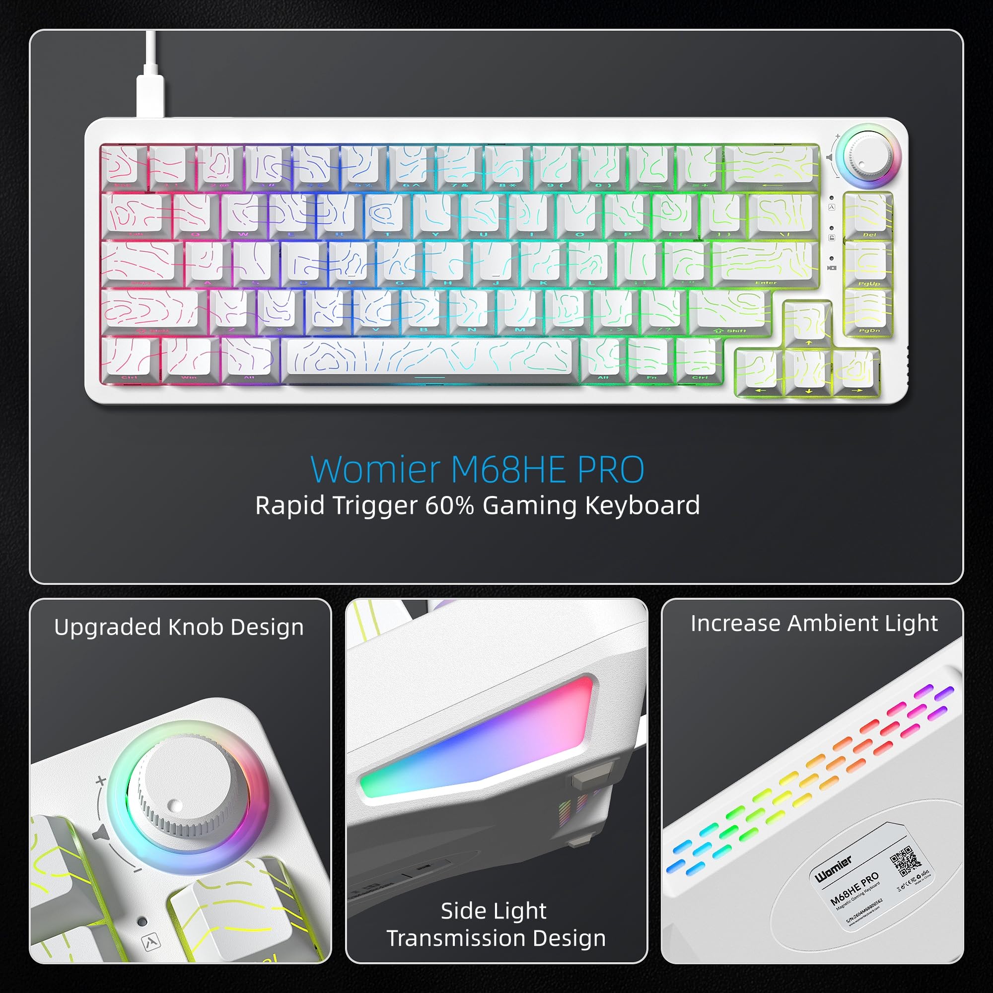 Womier Teclado M68 HE V2 60% de disparo rápido, efecto Hall, teclado mecánico personalizado RGB con cable con interruptor magnético, teclas PBT para Mac/Win (blanco)
