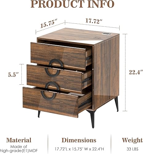 Miniatura 2 de DNBSS Mesita de noche con estación de carga mesita de noche LED de alto brillo mesita de noche con 3 cajones mesa auxiliar de camasoportes de noche