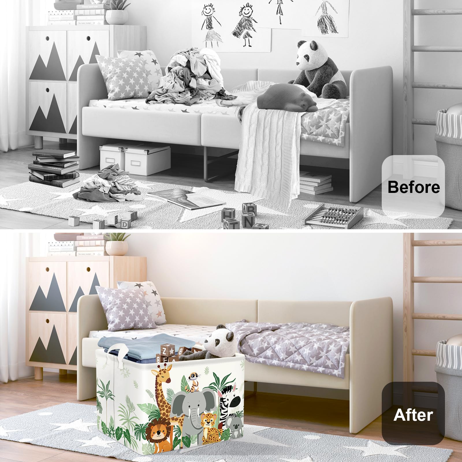 Grand Paniers à Linge Animaux Tropicaux pour Garçon Fille Girafe Eléphant Repliable Panier Rangement Jouets Vêtements pour Salle de Bain Chambre à Coucher, Lion, 36L
