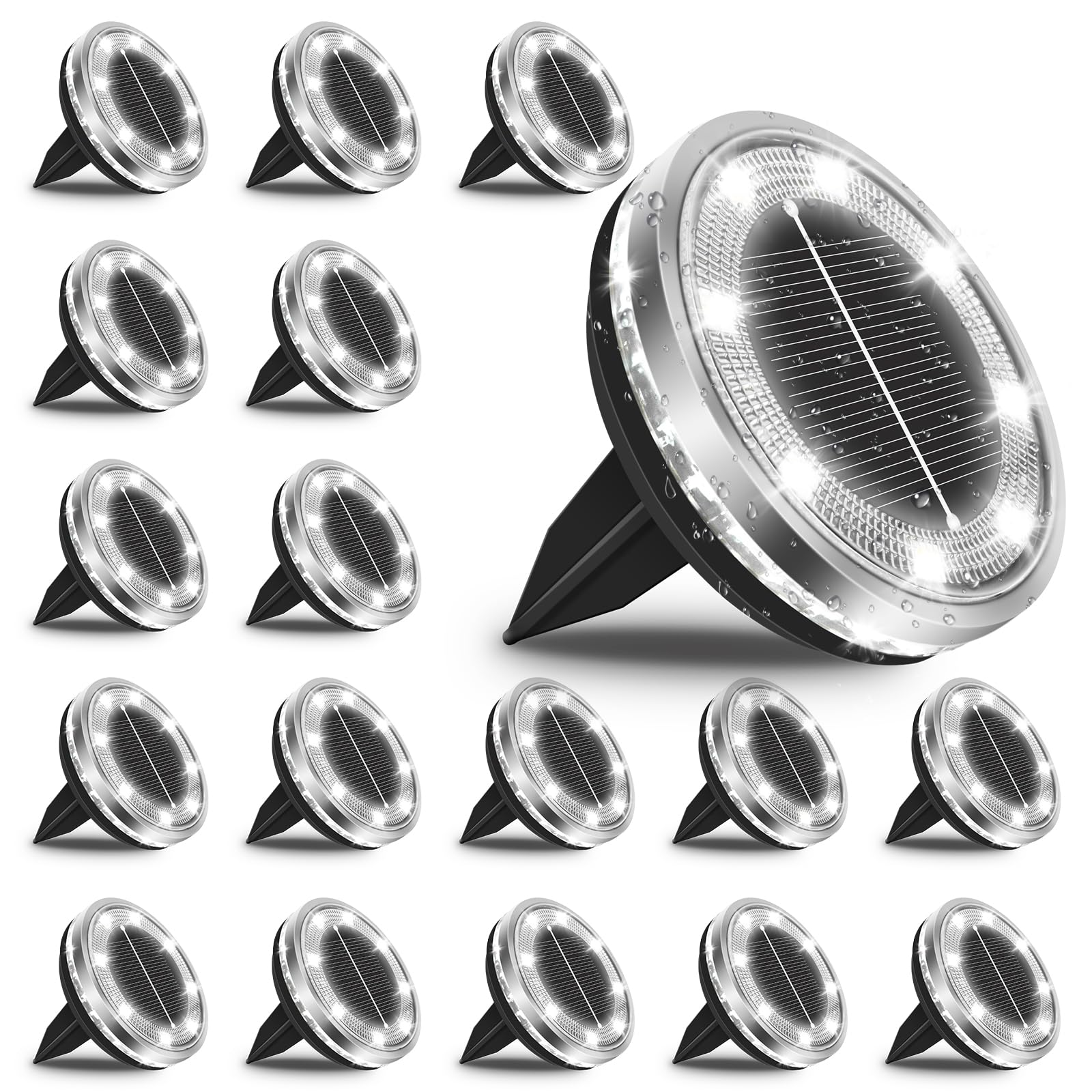 Bowfar 18 pezzi Luci Solari per Esterni, 12 LED Lampade Solare da Terra Bianco Freddo Luci da Giardino, Faretti Sepolta Solari Impermeabili IP65 per Prato, Marciapiede, Patio, Vialetto